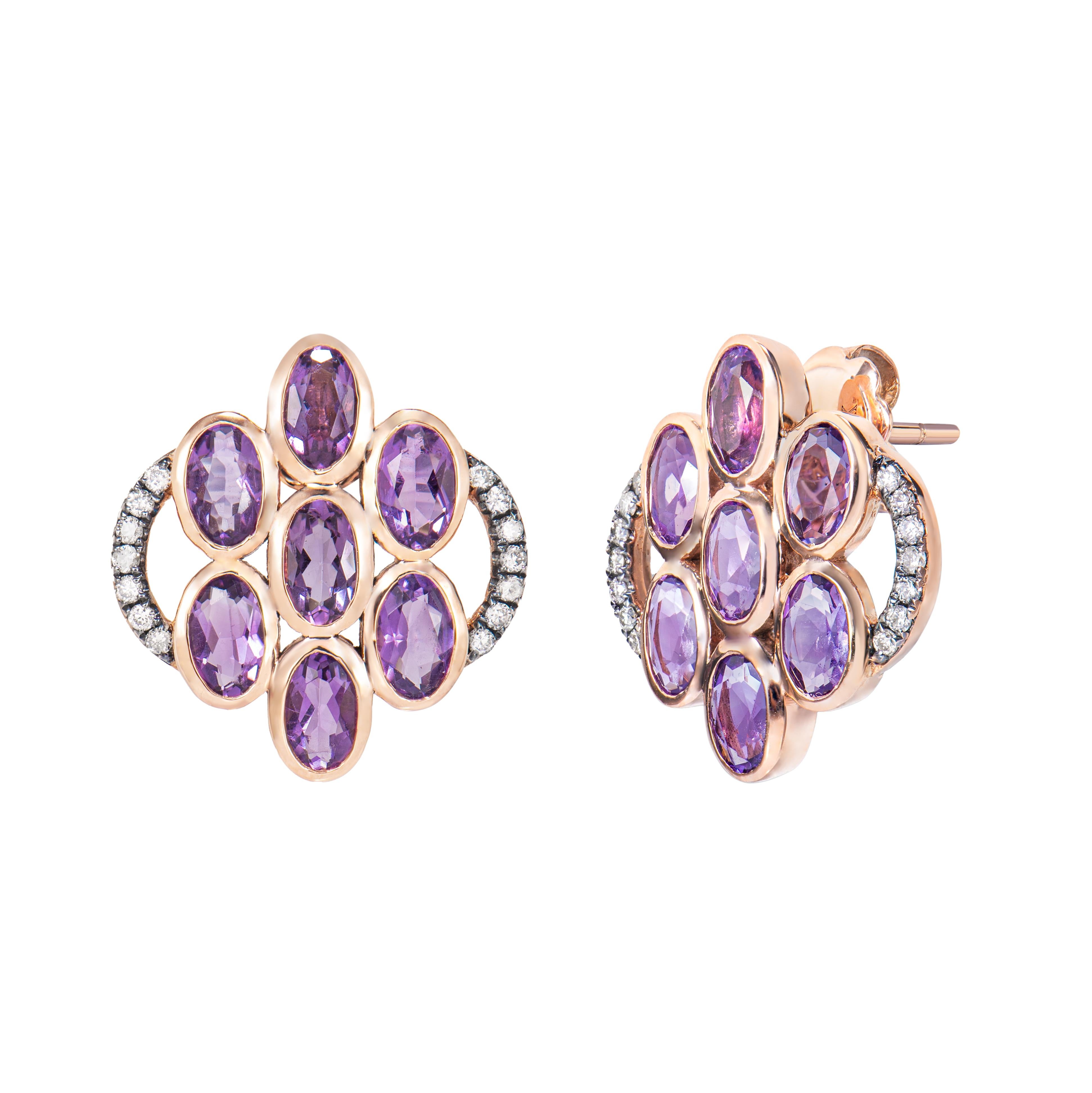 Sunita Nahata Amatista 2.81ct. Pendientes de gota en 14KRG con diamante. Corte oval en venta