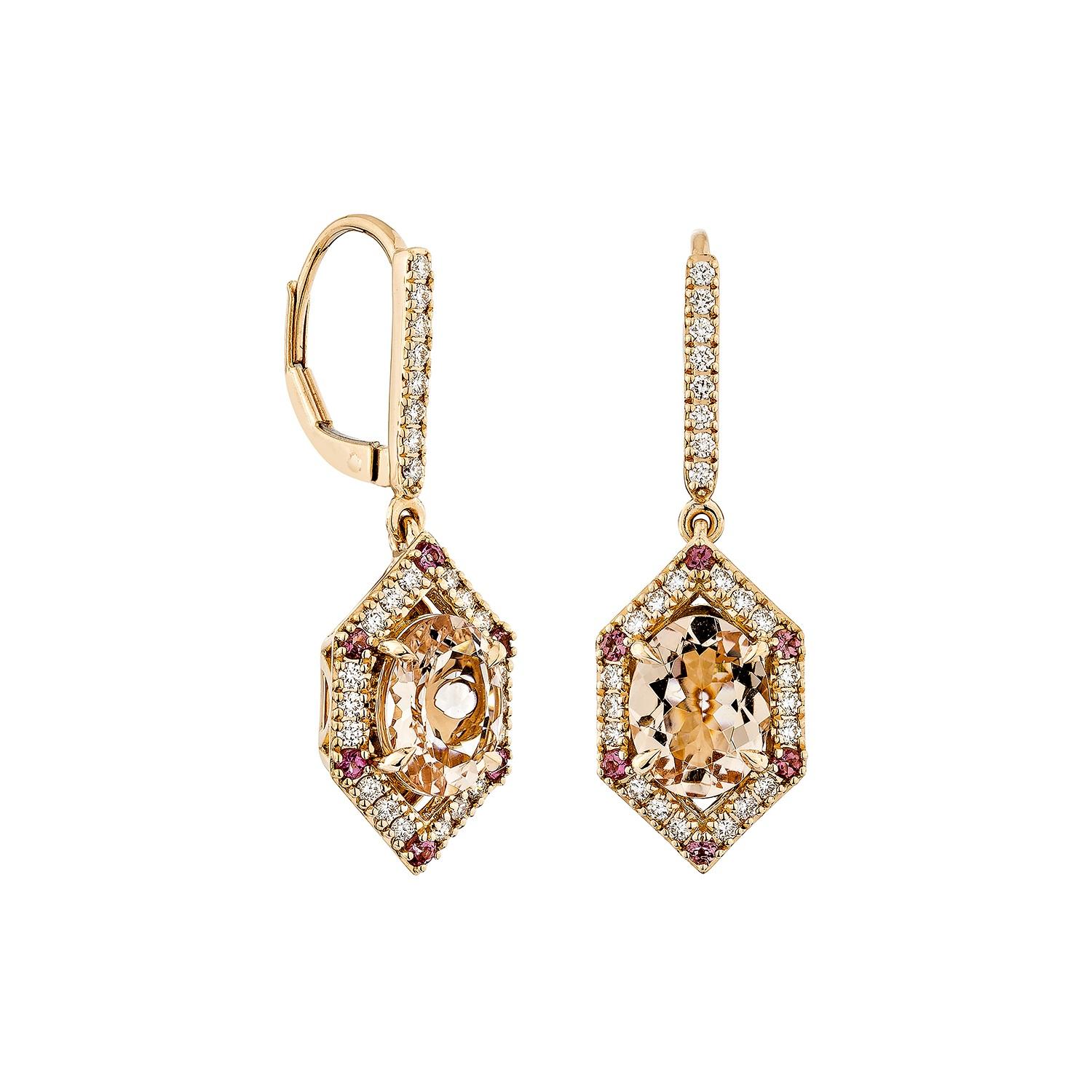 This collection includes a range of Morganite, which is a symbol of love and relationships, making it an excellent choice for a variety of applications. Accented with Pink Tourmaline and White Diamonds this Earing is made in Rose Gold and present a