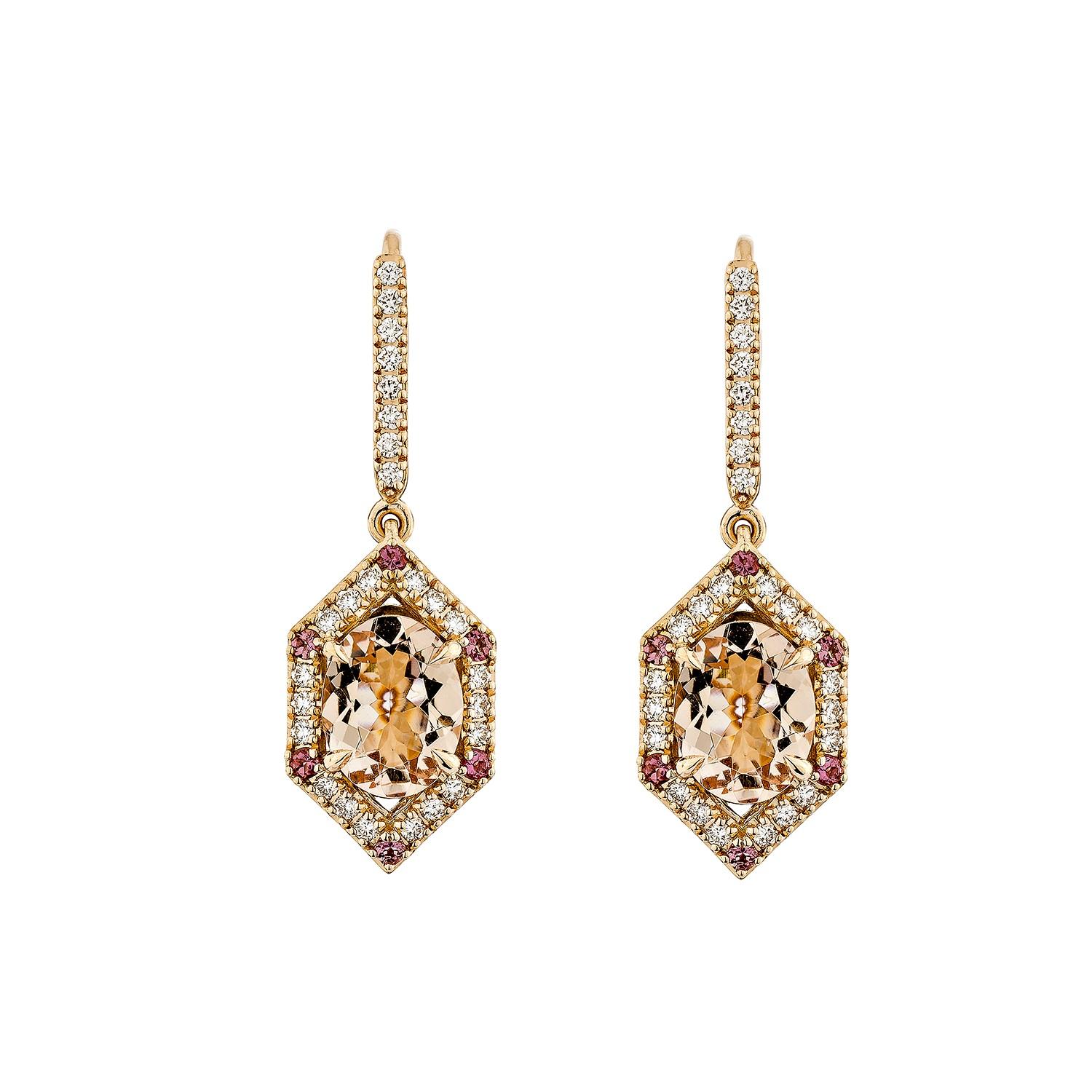 Contemporary Sunita Nahata Morganite & Tourmaline 2.81ct. Earrings in 18KRG with Diamond. For Sale