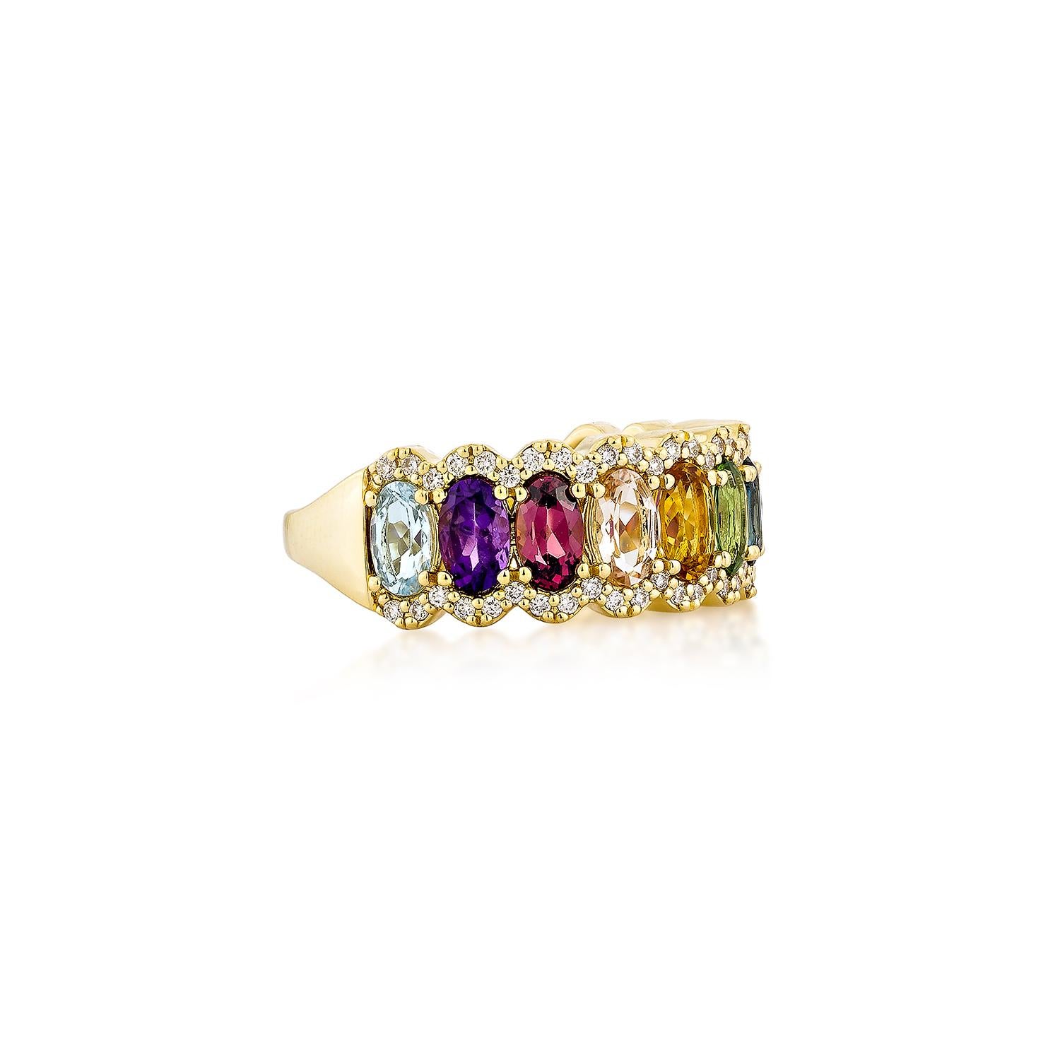 Presenting the rainbow Ring from Sunita Nahata's Rainbow Collection. This gorgeous ring is made up of vivid gemstones that reflect the rainbow's hues and symbolize hope, joy, and variety. This ring offers elegance and luxury while celebrating life's