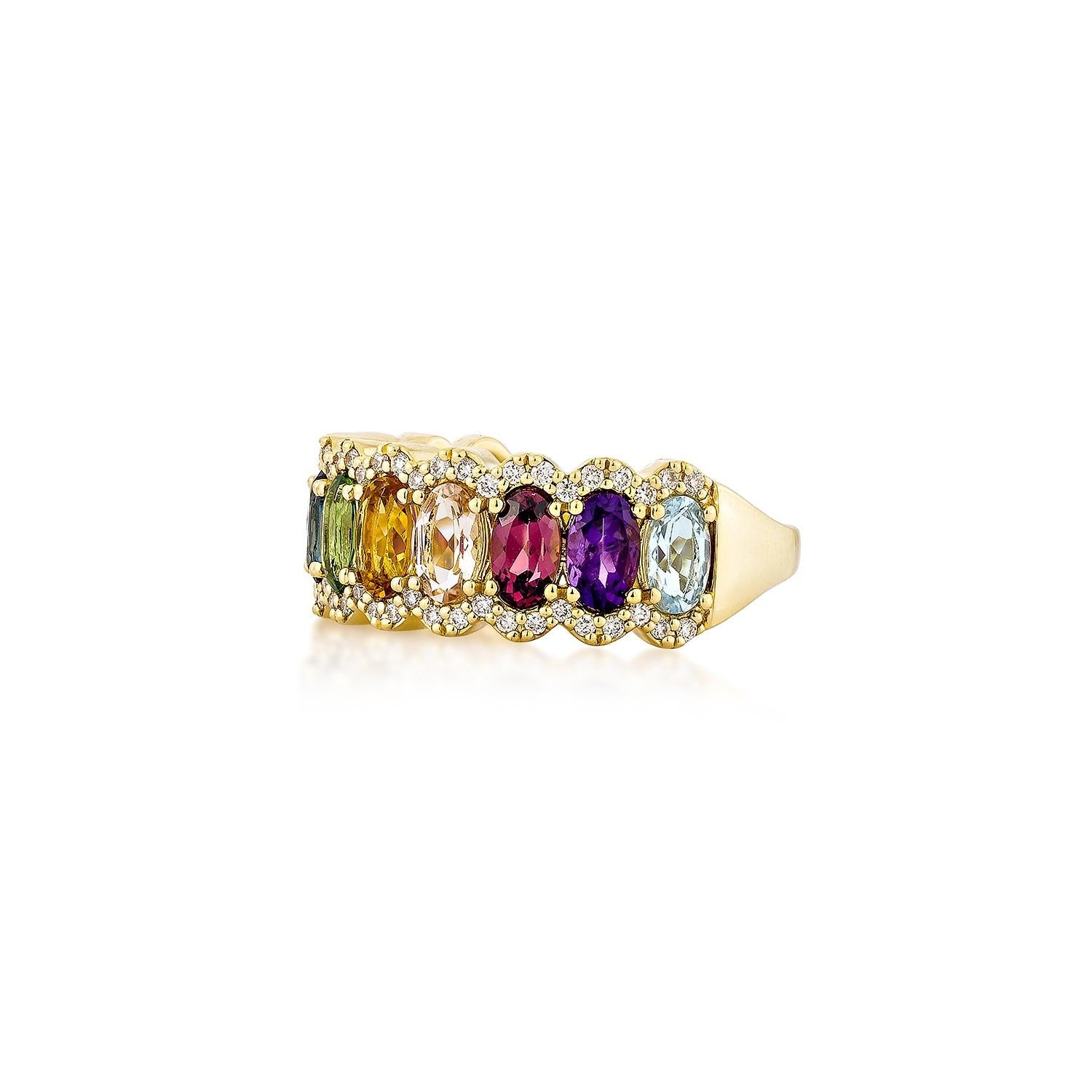 Oval Cut Sunita Nahata Rainbow Gemstone 2.85ct. Ring in 18KYG with White Diamond. For Sale
