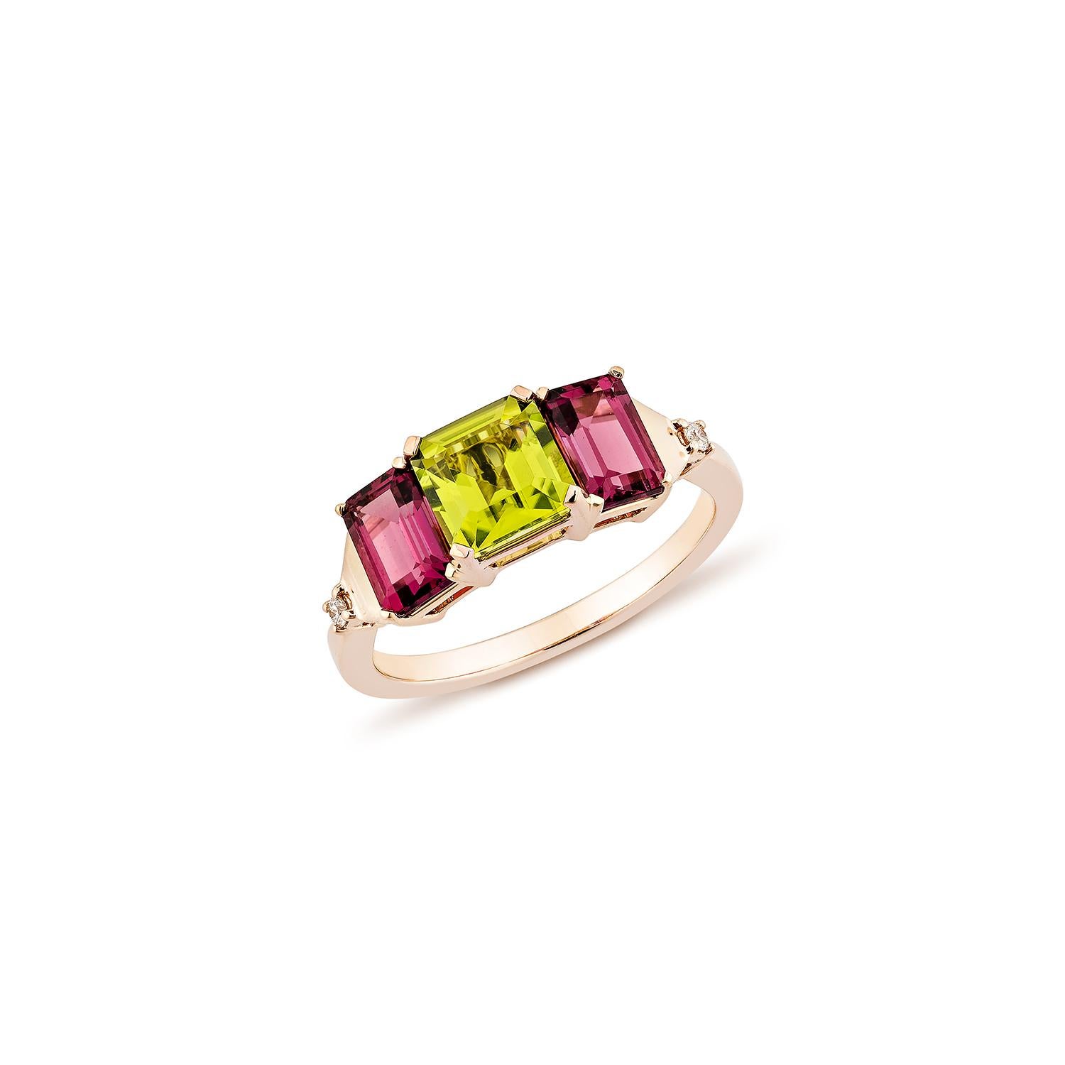 Contemporary Sunita Nahata Peridot & Rhodolite 2.86ct. Fancy Ring in 18KRG with Diamond. For Sale