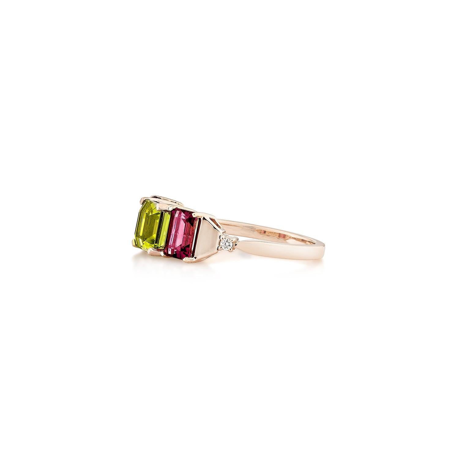Octagon Cut Sunita Nahata Peridot & Rhodolite 2.86ct. Fancy Ring in 18KRG with Diamond. For Sale