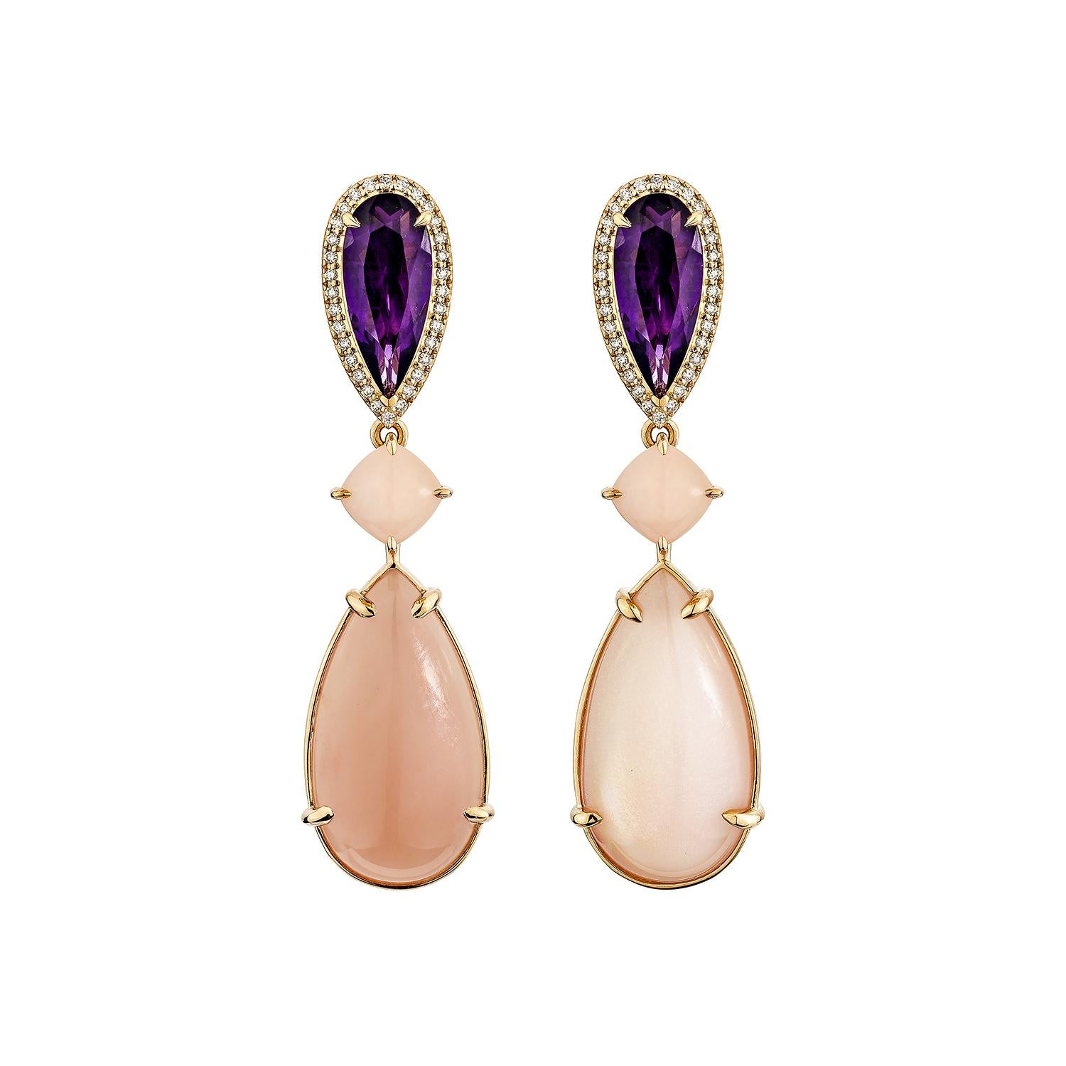 Moderno Sunita Nahata Guava e Pietra di Luna a due facce 28,78ct. Orecchino in 18KRG con diamante in vendita
