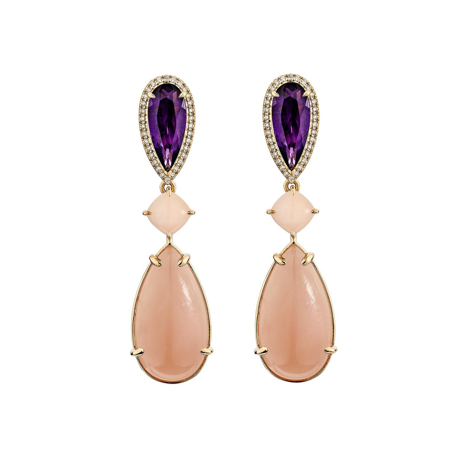 Taglio a goccia Sunita Nahata Guava e Pietra di Luna a due facce 28,78ct. Orecchino in 18KRG con diamante in vendita