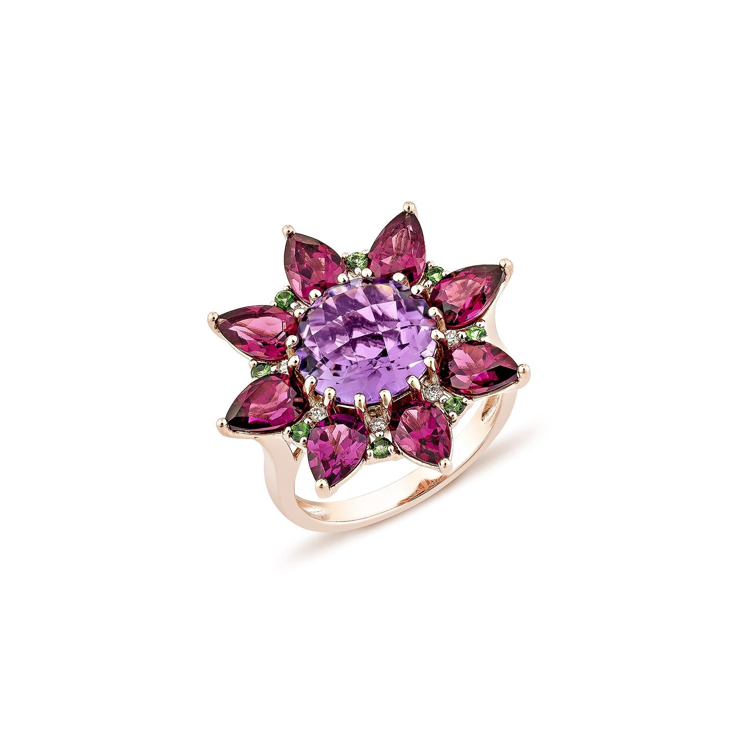 Contemporary Sunita Nahata Amethyst & Mix Gemstone 2.90ct. Ring in 14KRG with Diamond. For Sale