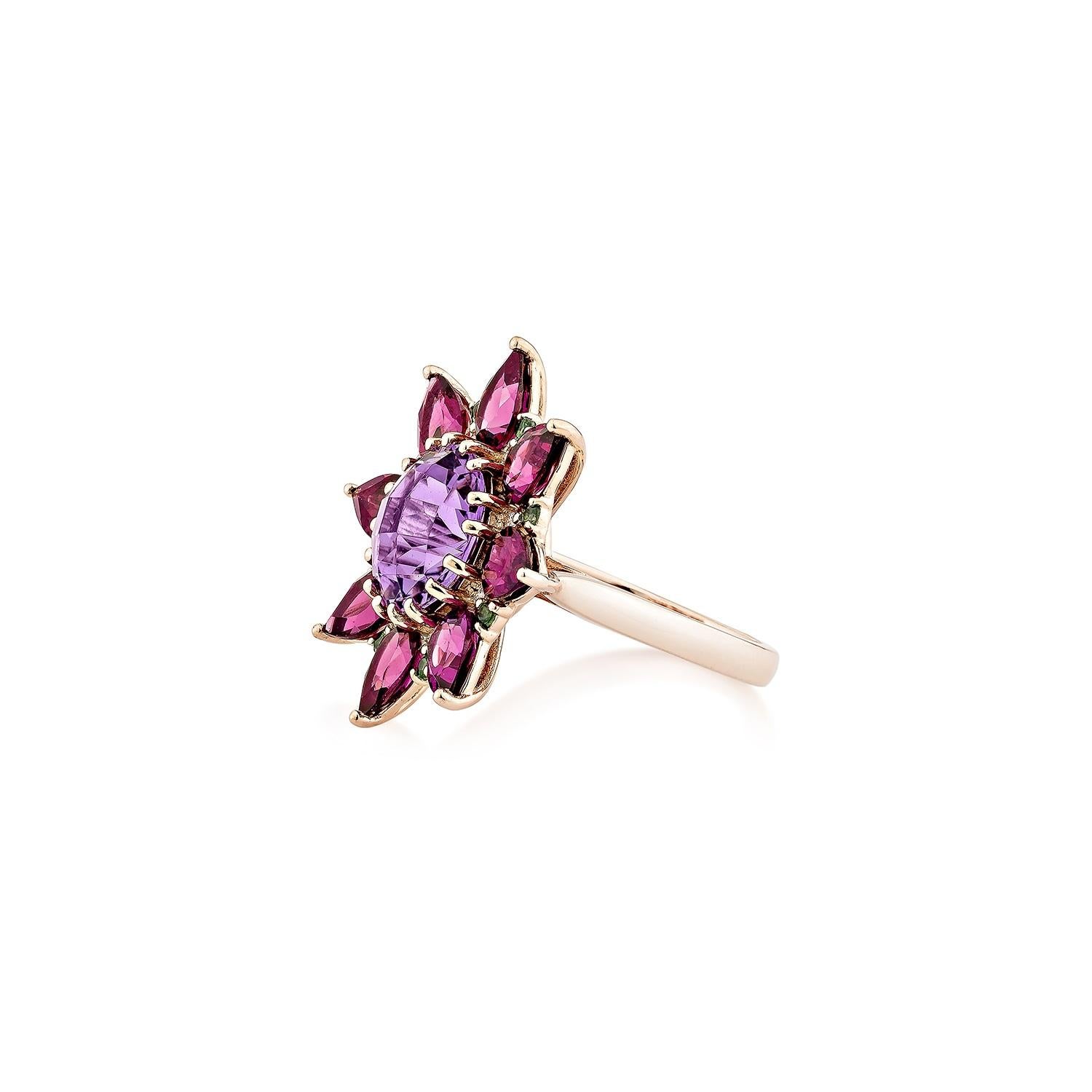 Round Cut Sunita Nahata Amethyst & Mix Gemstone 2.90ct. Ring in 14KRG with Diamond. For Sale