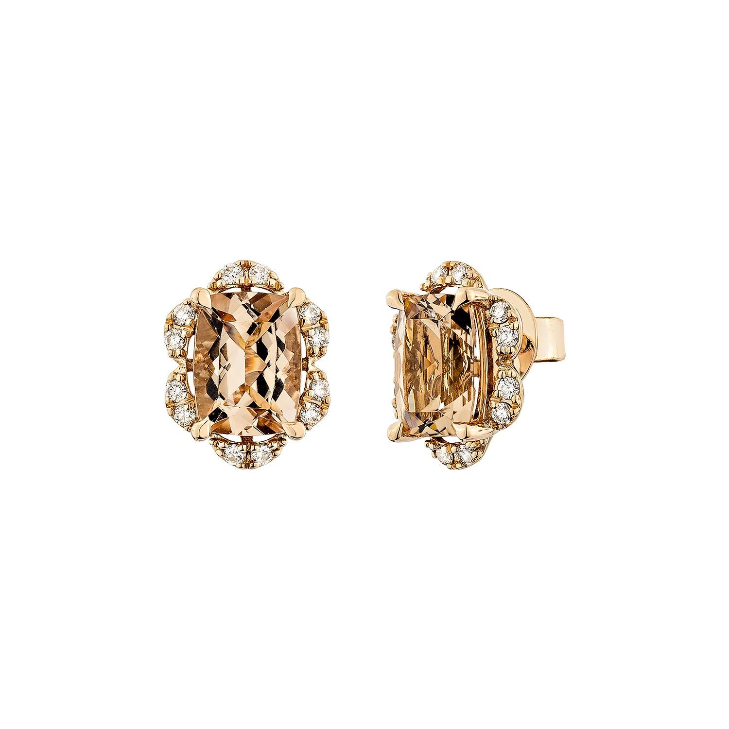 Taglio cuscino Sunita Nahata Morganite 2.93ct. Orecchino con diamante in 18KRG. in vendita