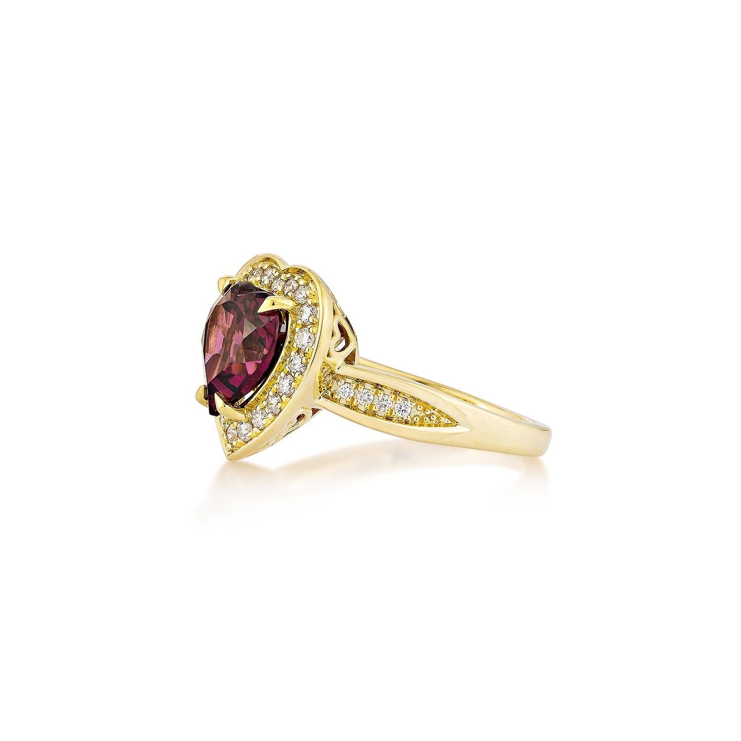 Heart Cut Sunita Nahata Rhodolite 2.93ct. Fancy Ring in 18KYG with White Diamond. For Sale