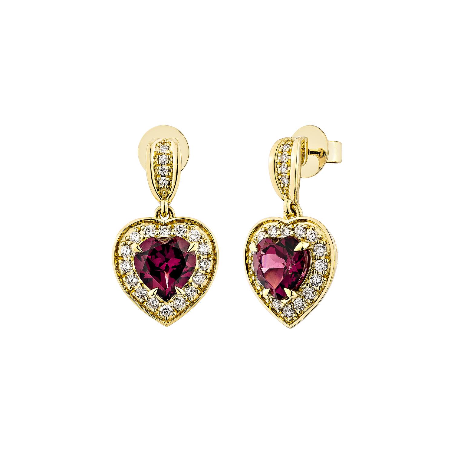 Heart Cut Sunita Nahata Rhodolite 3.02ct. Drop Earrings in 18KYG with Diamond. For Sale
