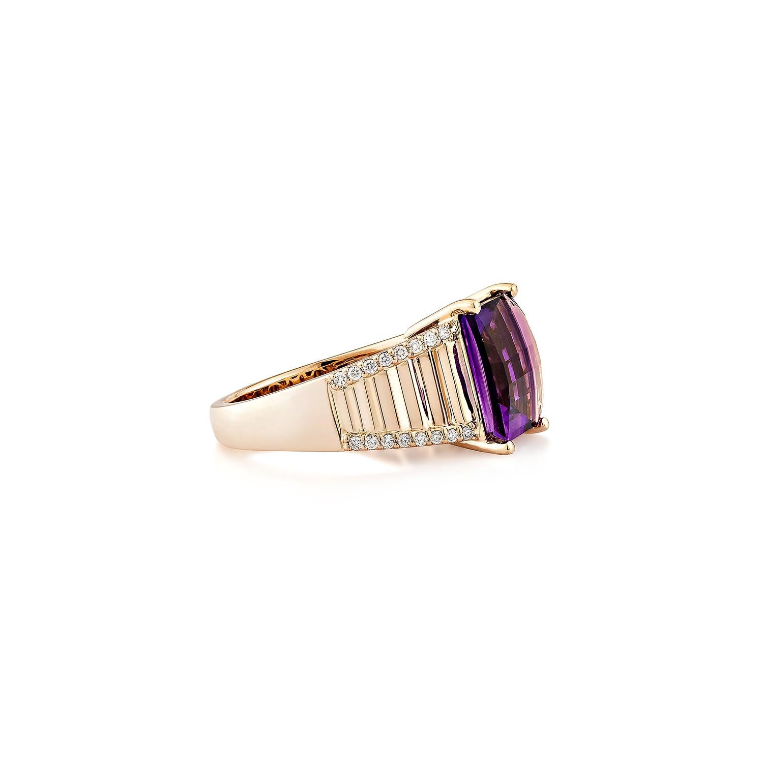 Sunita Nahata presents an exquisite ring featuring a captivating amethyst in a unique barrel rolltop design set in warm 14K rose gold. The amethyst's luxurious purple hue is accentuated by a halo of sparkling white diamonds, adding an elegant touch
