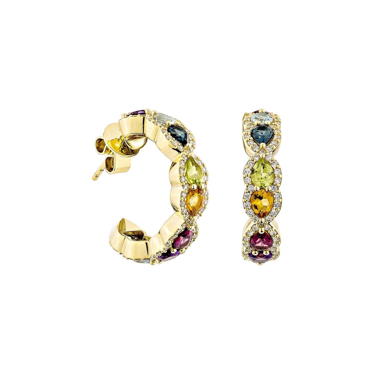 Presenting the rainbow earrings from Sunita Nahata's Rainbow Collection. These gorgeous earrings are made up of vivid gemstones that reflect the rainbow's hues and symbolize hope, joy, and variety. These earrings offer elegance and luxury while