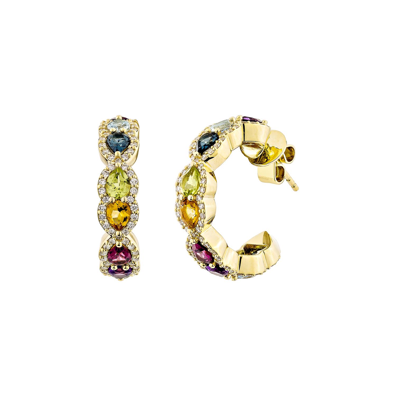 Pear Cut Sunita Nahata Rainbow Gemstones 3.06ct. Earrings in 18KYG with Diamond. For Sale