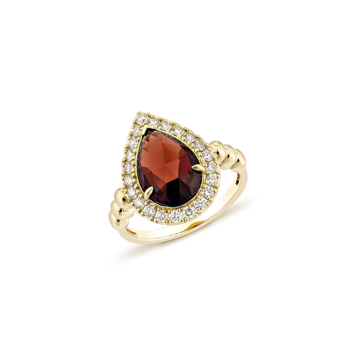 Contemporary Sunita Nahata Red Garnet 3.10ct. Fancy Ring in 14KYG with Diamond. For Sale