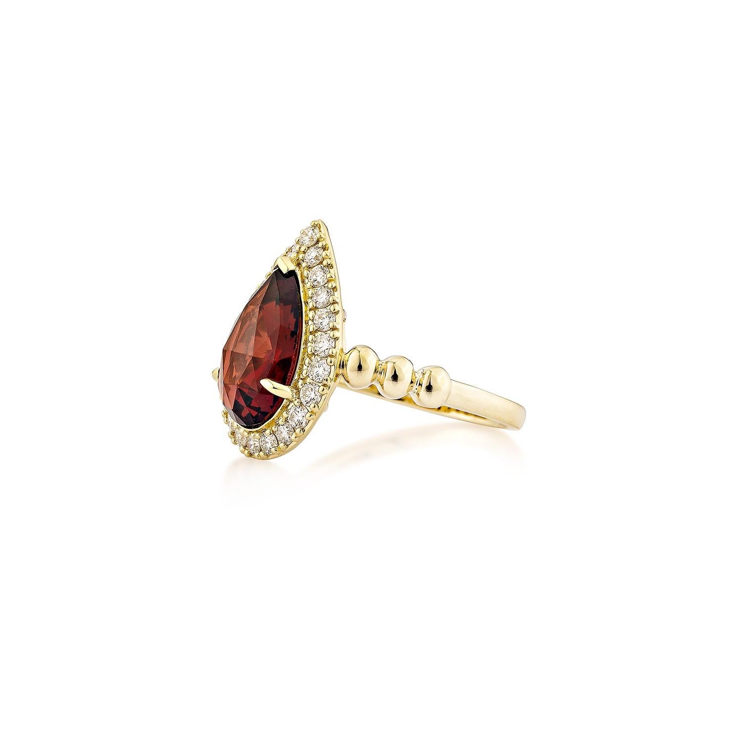 Pear Cut Sunita Nahata Red Garnet 3.10ct. Fancy Ring in 14KYG with Diamond. For Sale