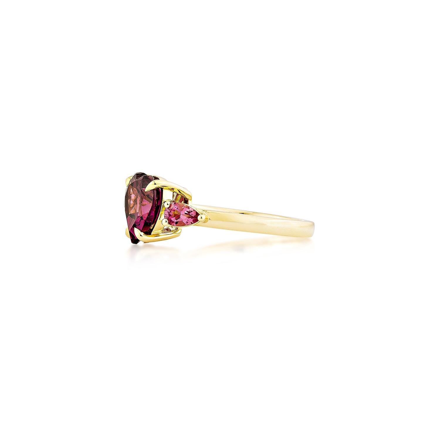 Heart Cut Sunita Nahata Rhodolite and Pink Tourmaline 3.16ct. Fancy Ring in 18KYG. For Sale