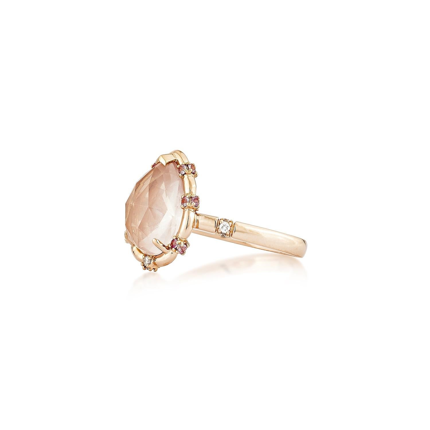 Pear Cut Sunita Nahata  Rose Quartz 3.21ct. Ring in 18KRG with Sapphire & White Diamond. For Sale
