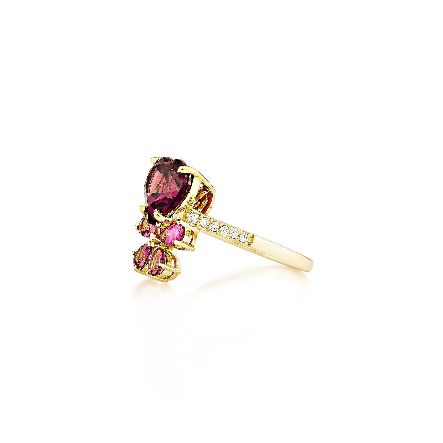 Sunita Nahata Rhodolith 3.22ct. Fancy Ring aus 18KYG mit Turmalin und Diamant (Herzschliff) im Angebot