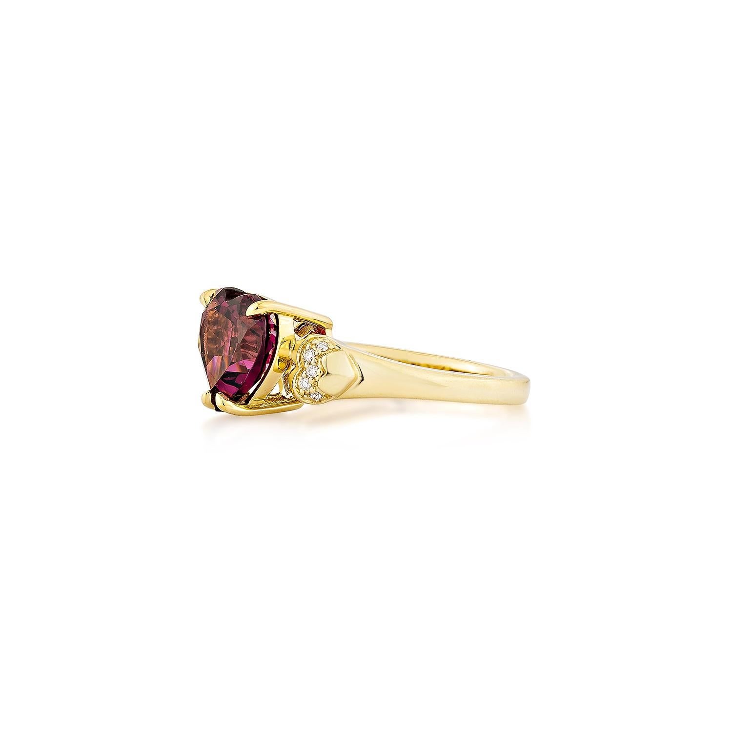 Heart Cut Sunita Nahata  Rhodolite 3.24ct. Fancy Ring in 18KYG with White Diamond. For Sale