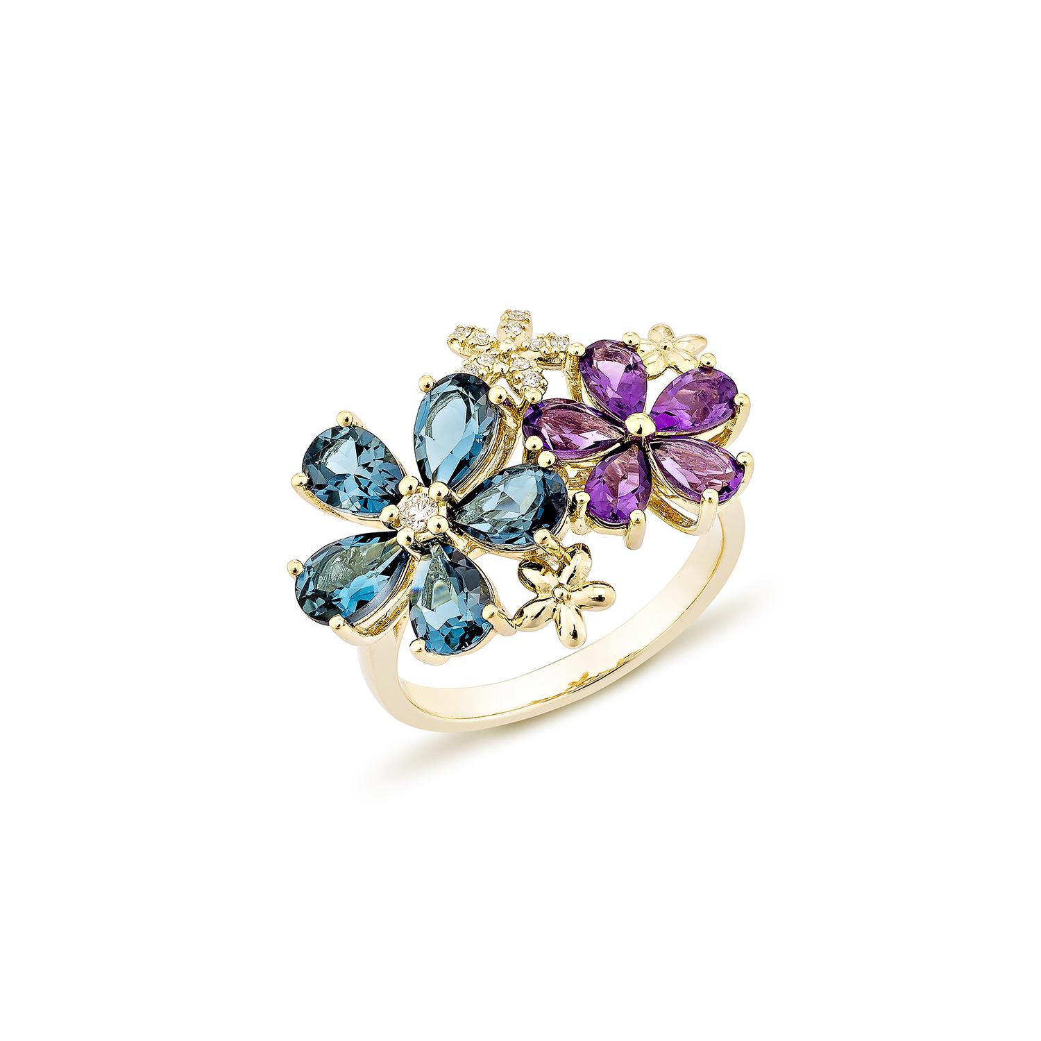 Contemporaneo Sunita Nahata Ametista scura e Topazio blu da 3,25 ct. Anello in 14KYG con diamante. in vendita
