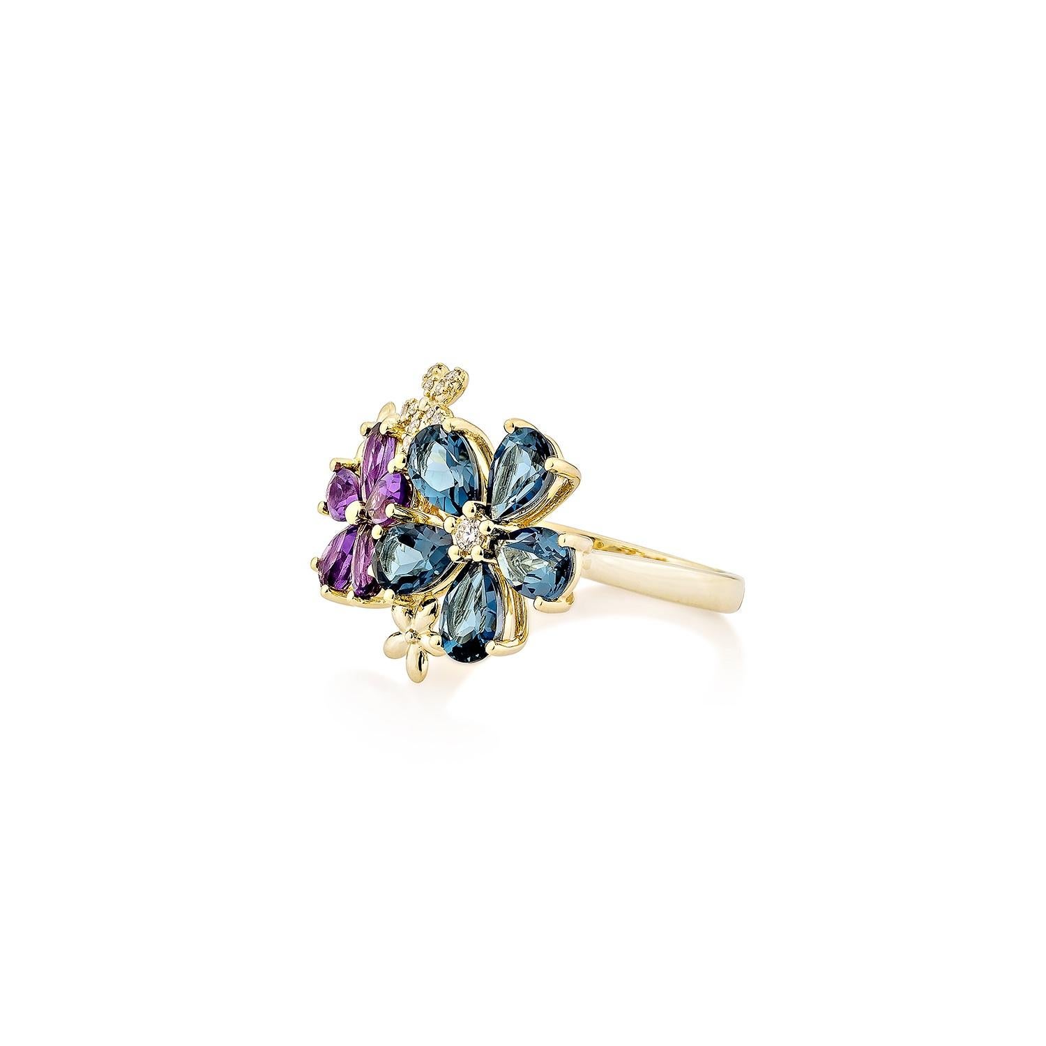 Taglio a goccia Sunita Nahata Ametista scura e Topazio blu da 3,25 ct. Anello in 14KYG con diamante. in vendita
