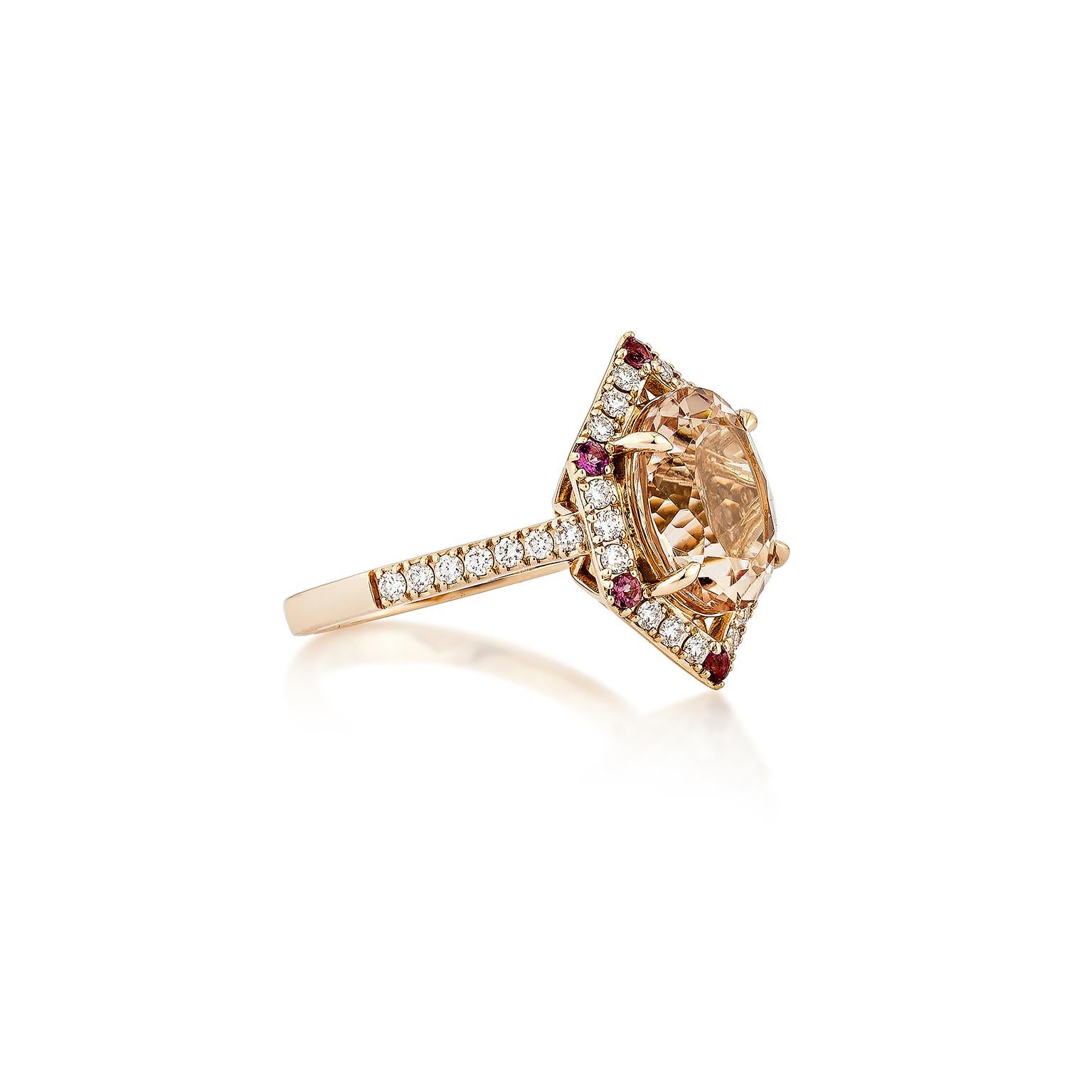 This collection includes a range of Morganite, which is a symbol of love and relationships, making it an excellent choice for a variety of applications. Accented with pink tourmaline and White Diamond this ring is made in Rose Gold and presents a