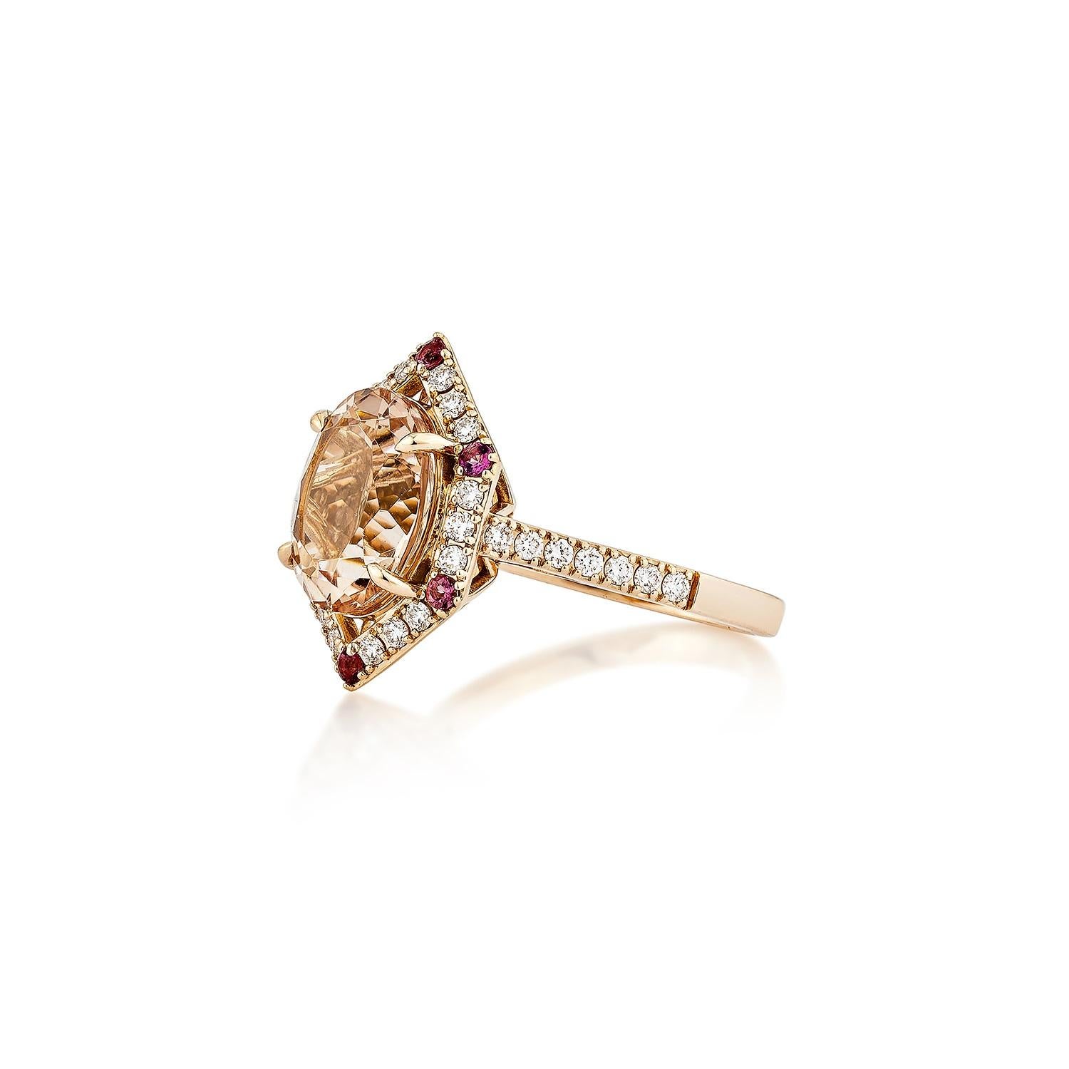 Oval Cut Sunita Nahata Morganite and Tourmaline 3.29ct. Ring in 18KRG with Diamond. For Sale