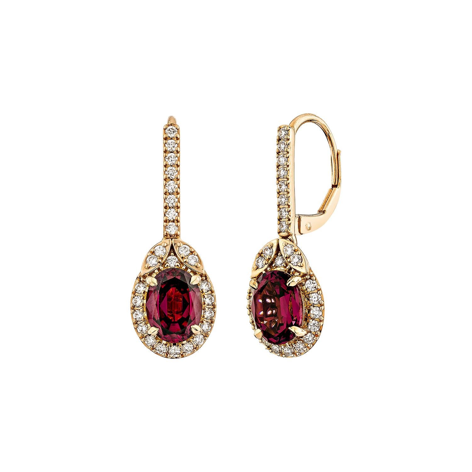 Oval Cut Sunita Nahata Rhodolite 3.29ct. Drop Earring in 18KRG with White Diamond. For Sale