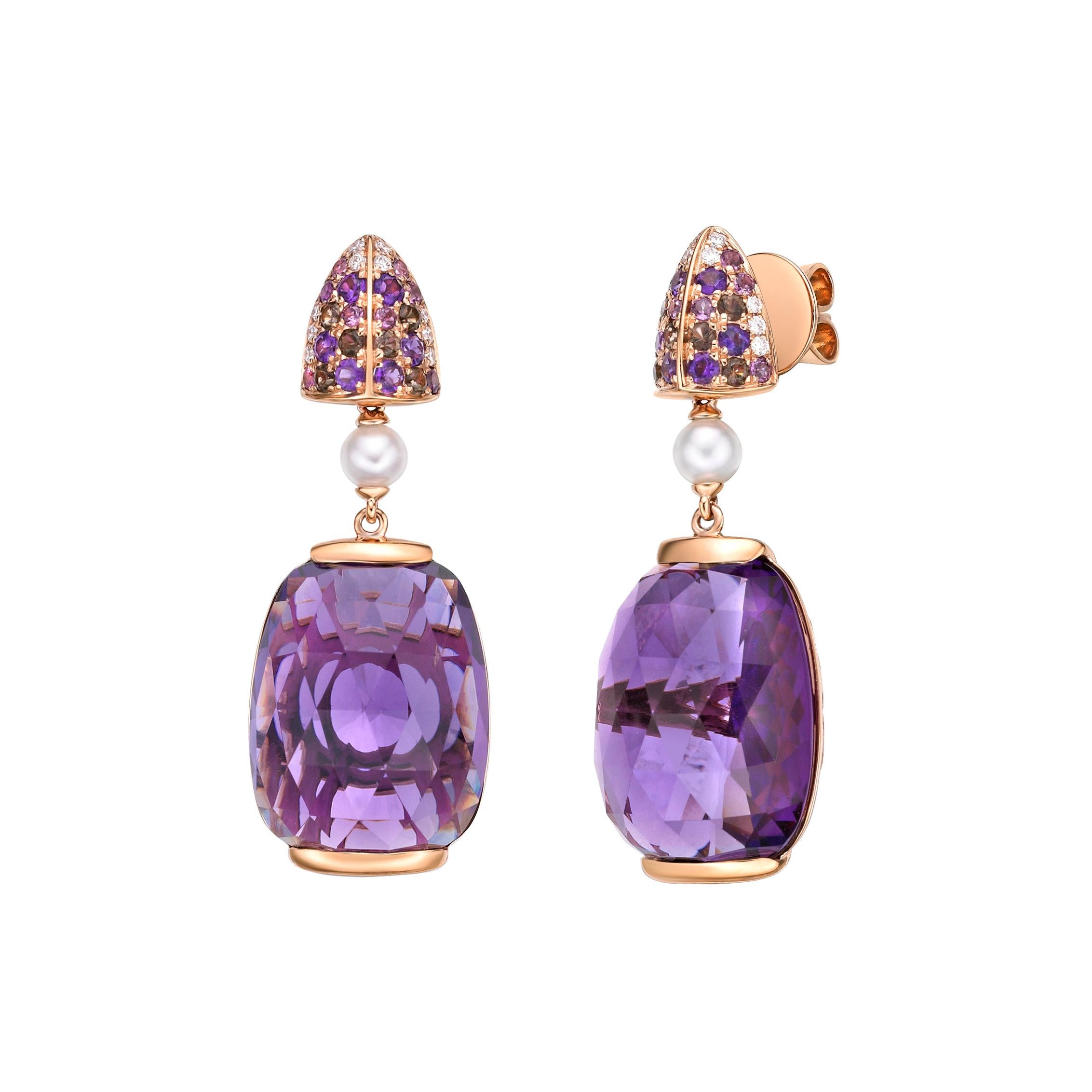 Presented A stunning variety of amethyst gemstones for those who respect quality and wish to wear them on any occasion or everyday basis. The rose gold amethyst earrings, embellished with rhodolite, smoky quartz and diamonds, has a timeless and