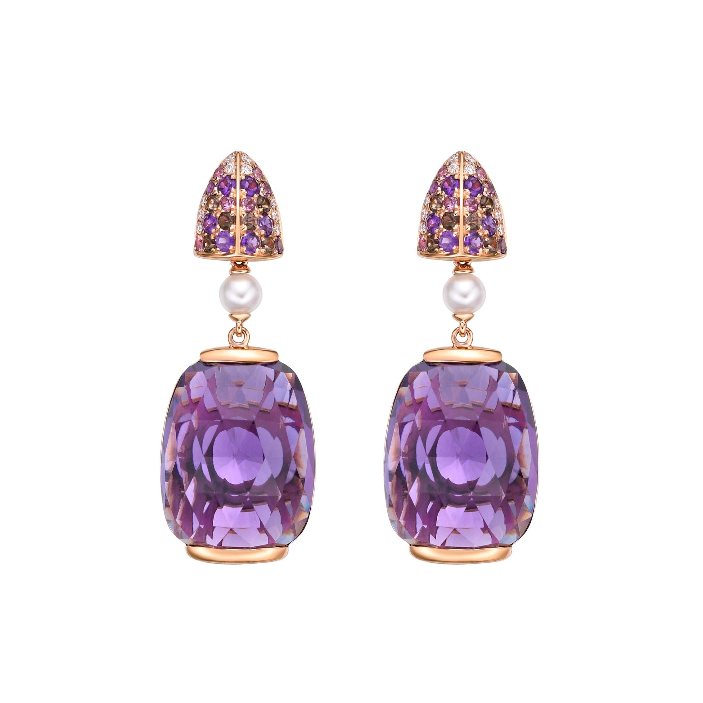 Contemporary Sunita Nahata Amethyst 33.28ct. Drop Earrings in 18KRG with Diamond. For Sale