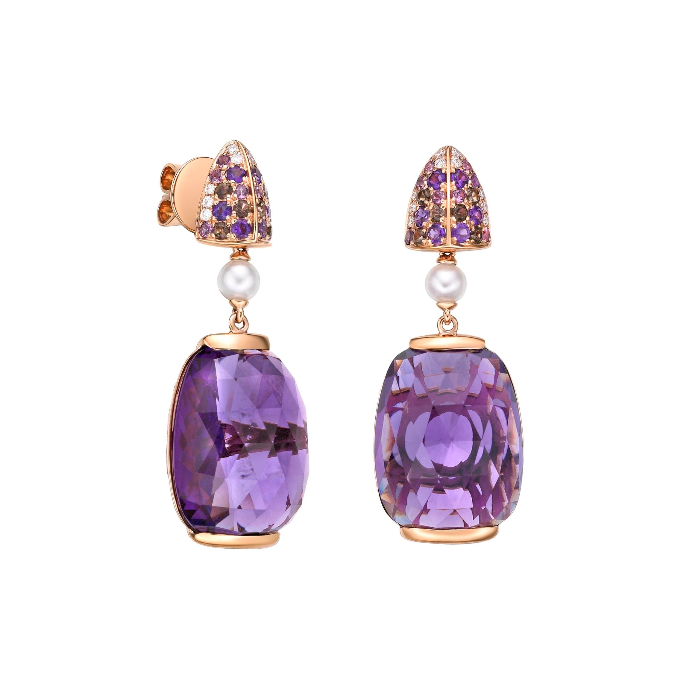 Cushion Cut Sunita Nahata Amethyst 33.28ct. Drop Earrings in 18KRG with Diamond. For Sale