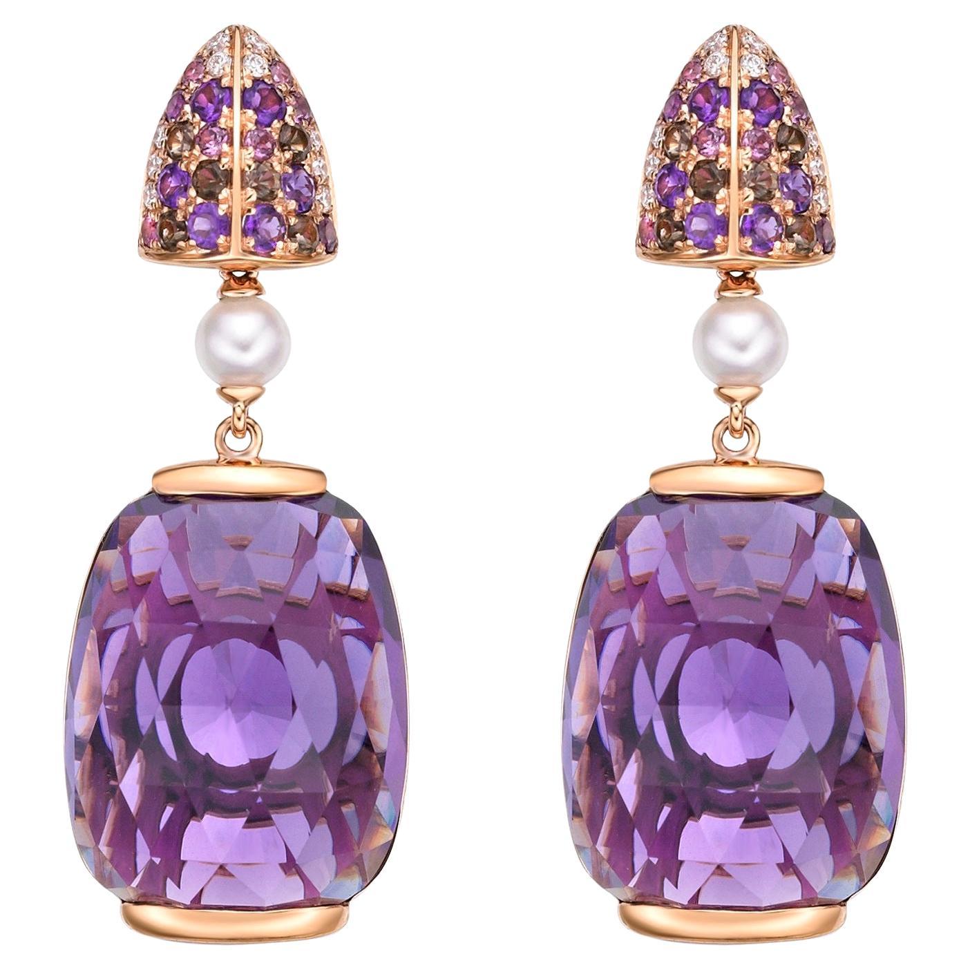 Sunita Nahata Amethyst 33.28ct. Drop Earrings in 18KRG with Diamond.