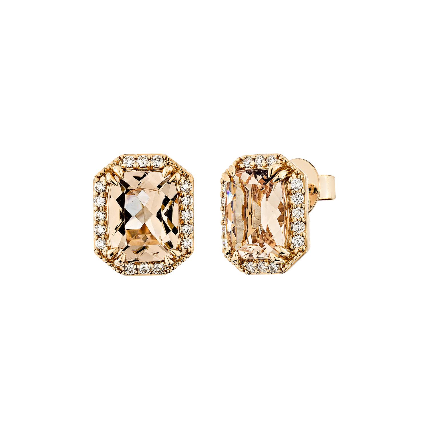 Taille coussin Sunita Nahata Morganite 3.35 carats Boucles d'oreilles en 18KRG avec diamant. en vente