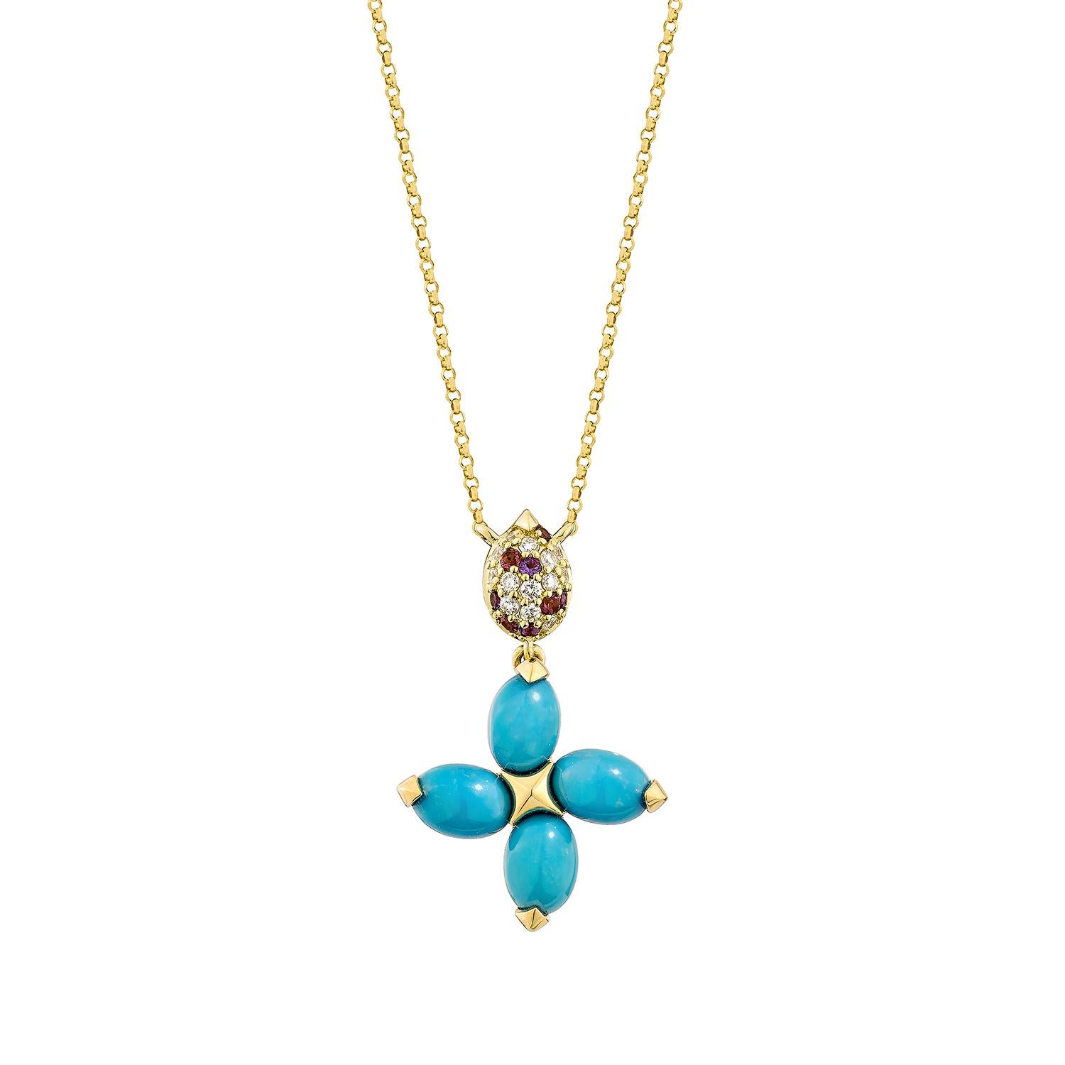 Eleva il tuo stile con questo splendido ciondolo di turchese, realizzato in lussuoso oro 18 carati. Le vibranti tonalità di blu e gli esclusivi motivi a matrice creano un pezzo accattivante che aggiunge bellezza naturale a qualsiasi