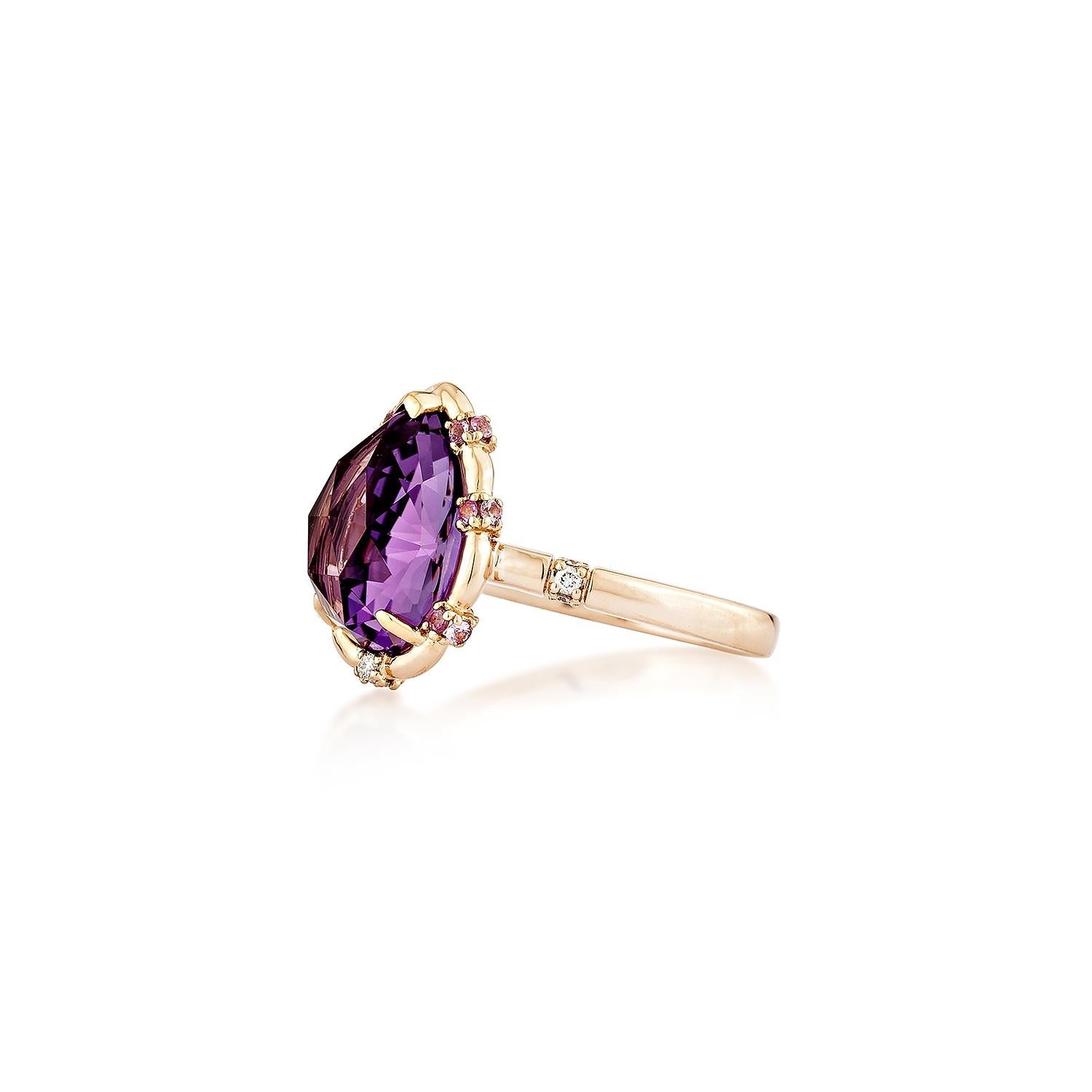 Pear Cut Sunita Nahata Amethyst 3.41ct. Ring in 18KRG with sapphire & White Diamond. For Sale