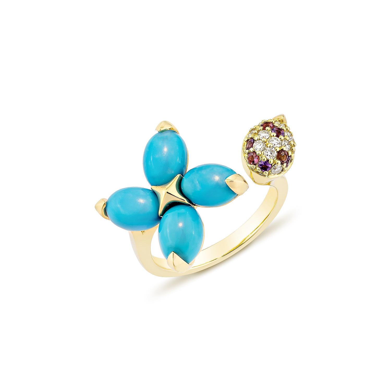 Contemporary Sunita Nahata Turquoise 3.41ct. Fancy Ring in 18KYG with Mix Gemstone & Diamond For Sale
