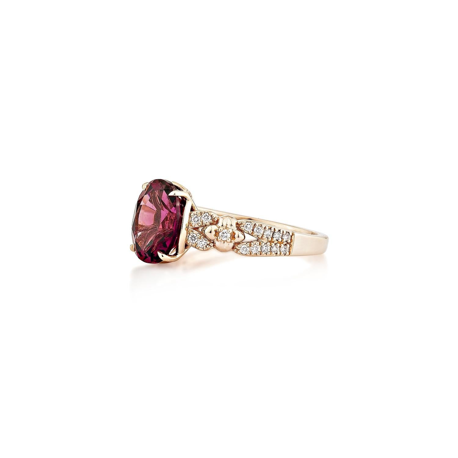Oval Cut Sunita Nahata Rhodolite 3.48ct. Fancy Ring in 14KRG with White Diamond. For Sale