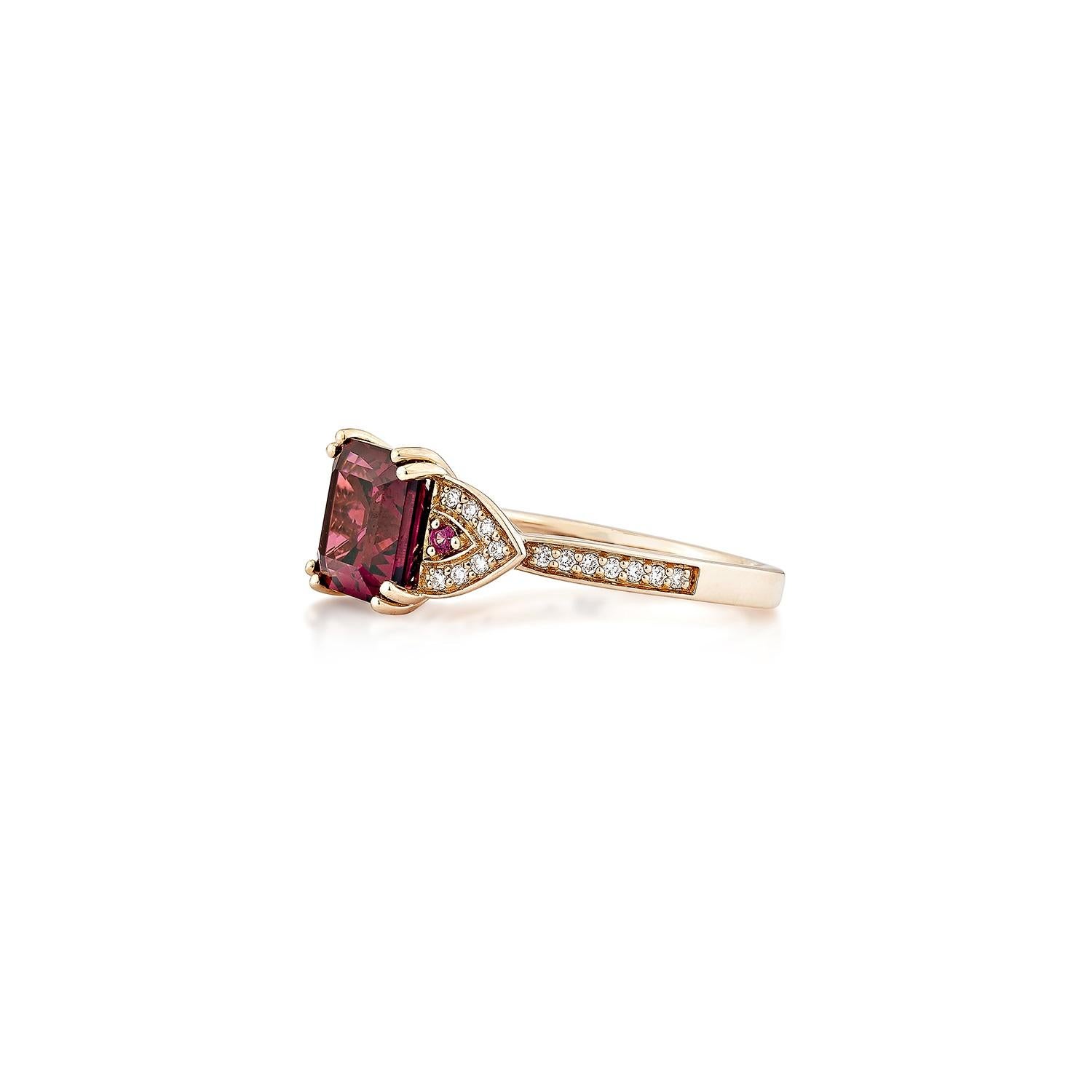 Octagon Cut Sunita Nahata Rhodolite 3.49ct. Fancy Ring in 14KRG with White Diamond. For Sale