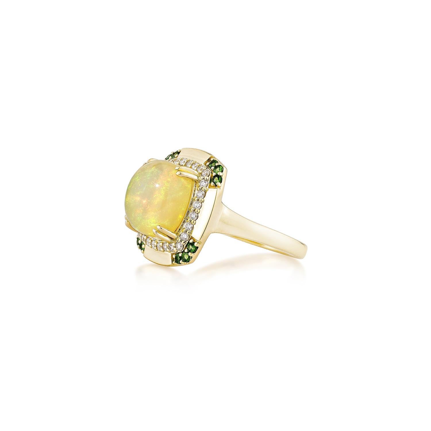 Cushion Cut Sunita Nahata Opal & Tsavorite 3.49ct. Fancy Ring in 14KYG with Diamond. For Sale