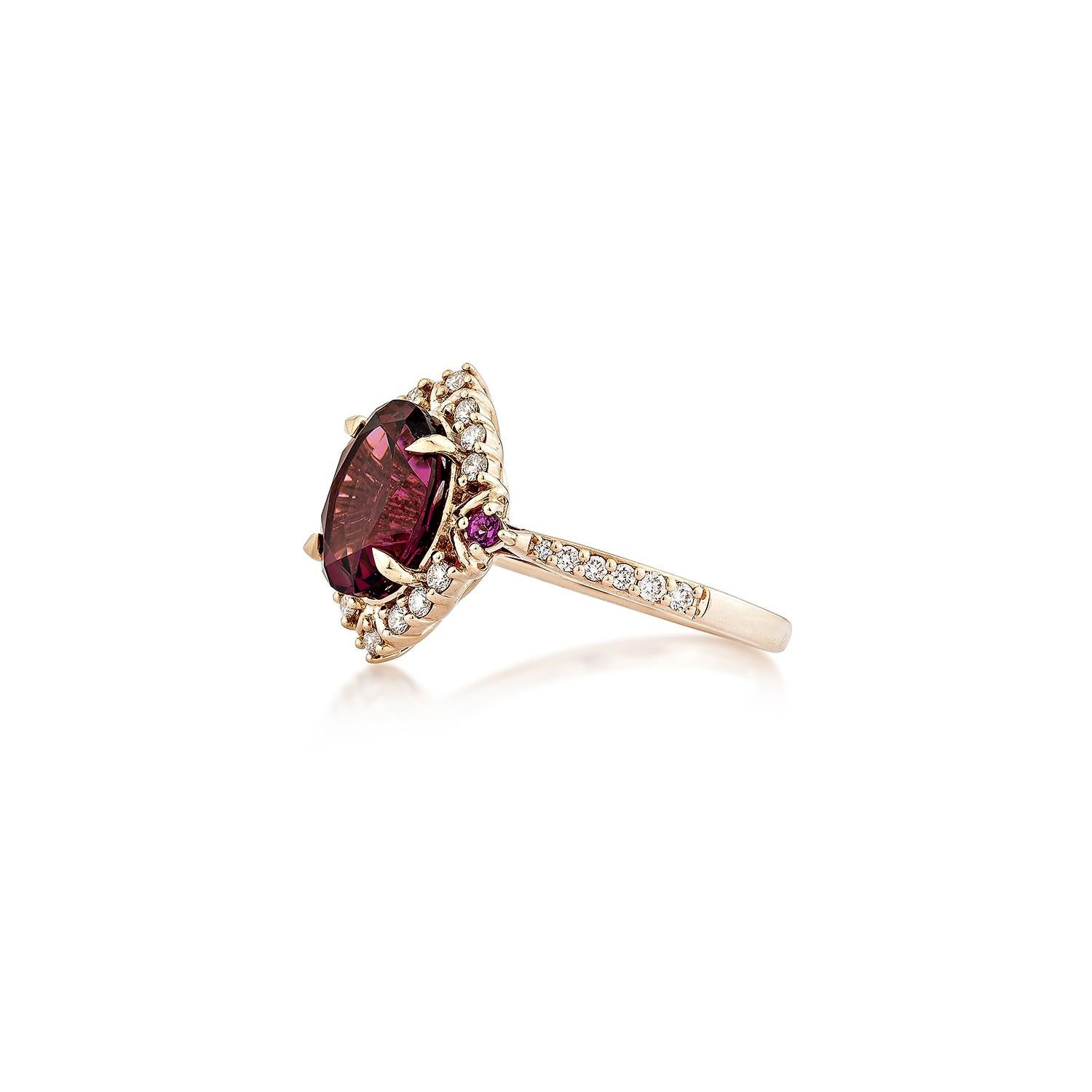 Oval Cut Sunita Nahata Rhodolite 3.53ct. Fancy Ring in 14KRG with White Diamond. For Sale