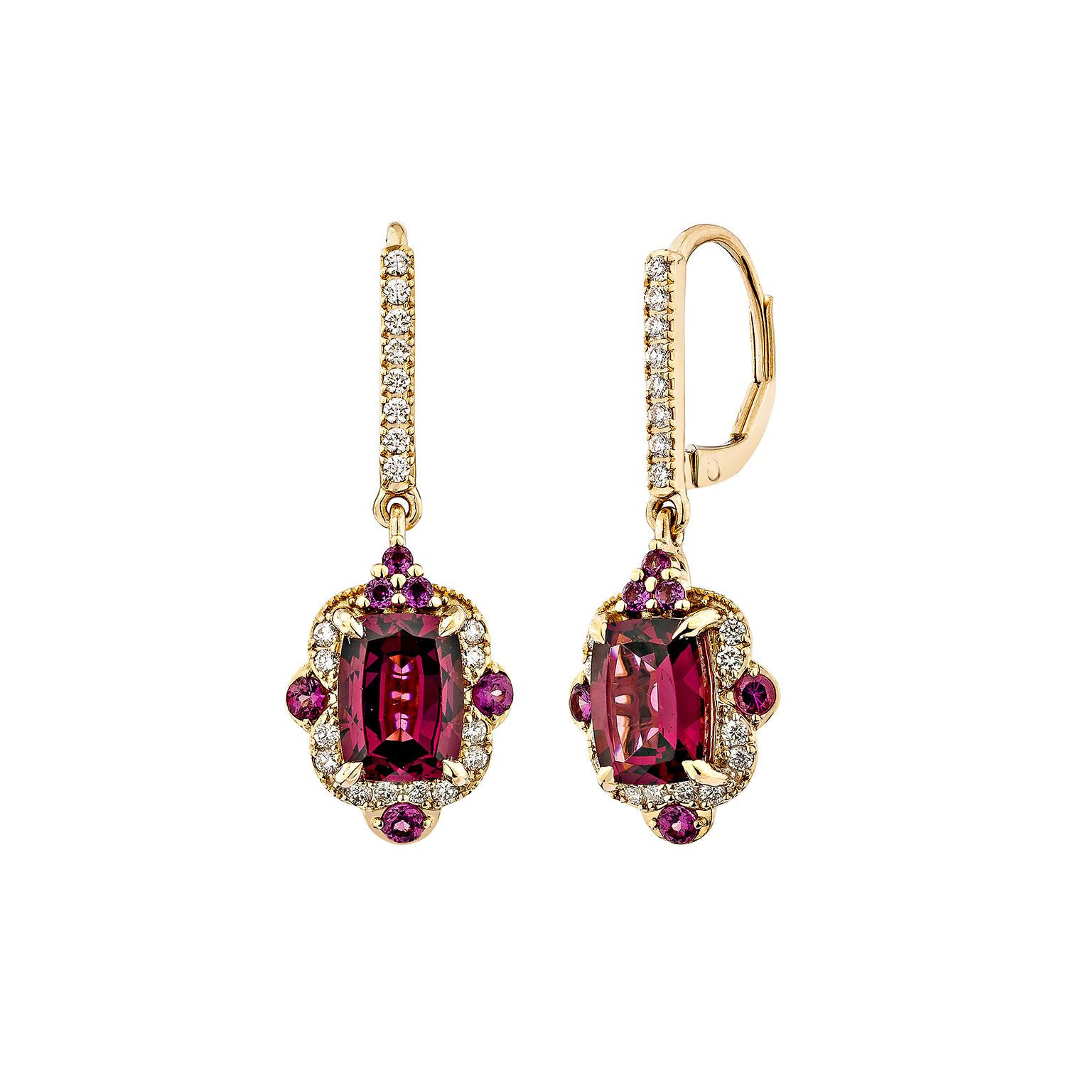 Cushion Cut Sunita Nahata 3.58 carat Rhodolite Drop Earrings in 18KRG with Diamond. For Sale