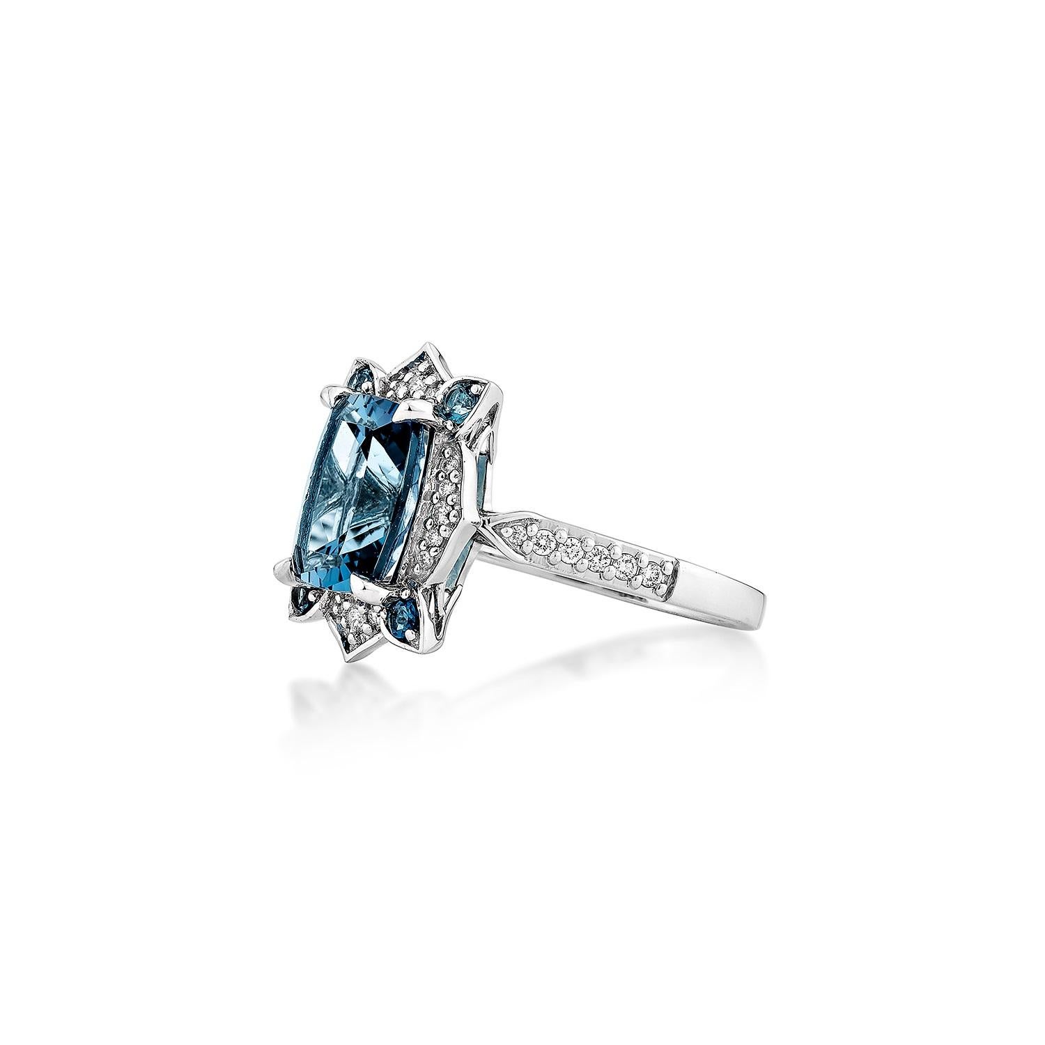 Sunita Nahata London Blauer Topas 3.60 Karat. Fancy Ring in 14KWG mit Diamant. (Kissenschliff) im Angebot