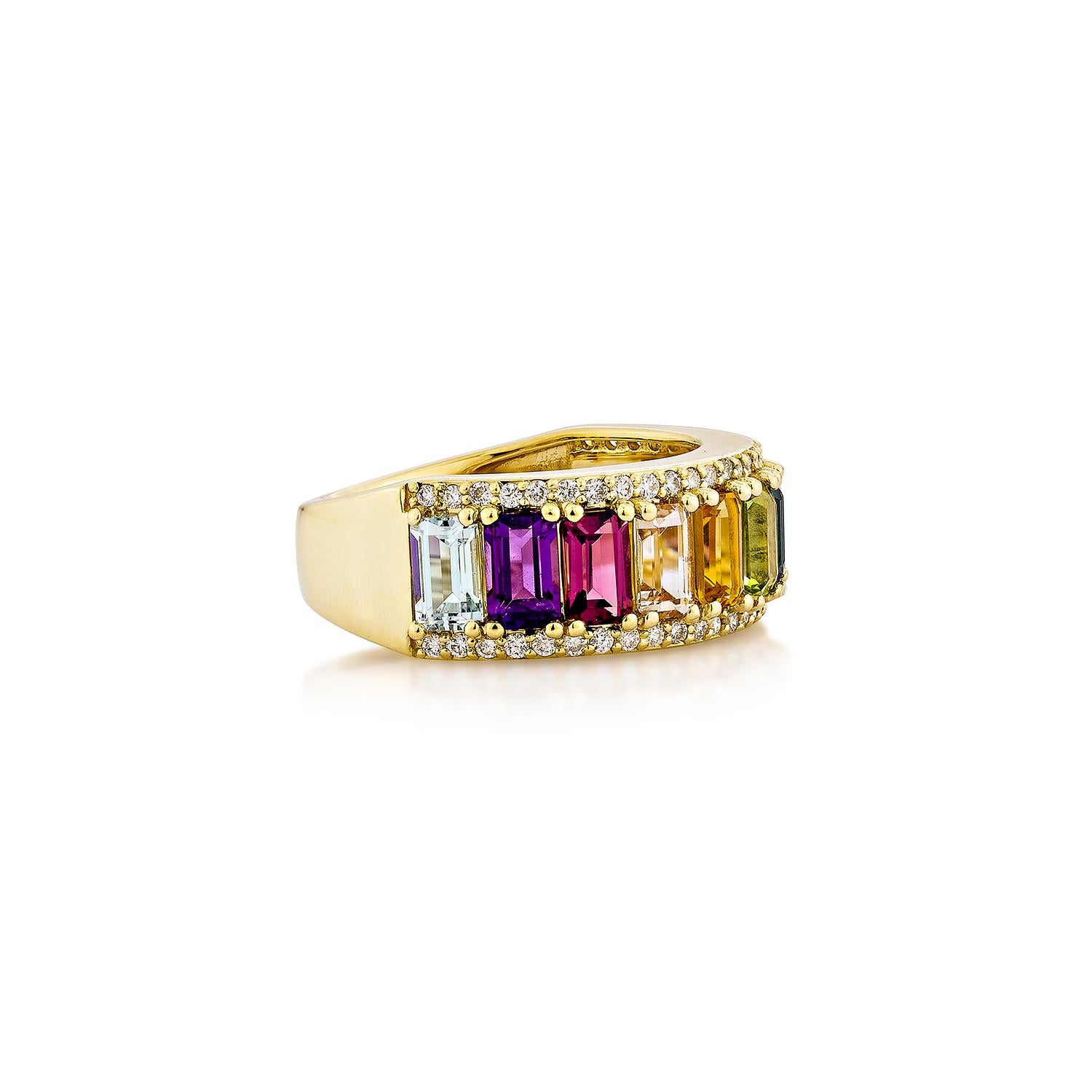 Presenting the rainbow Ring from Sunita Nahata's Rainbow Collection. This gorgeous ring is made up of vivid gemstones that reflect the rainbow's hues and symbolize hope, joy, and variety. This ring offers elegance and luxury while celebrating life's