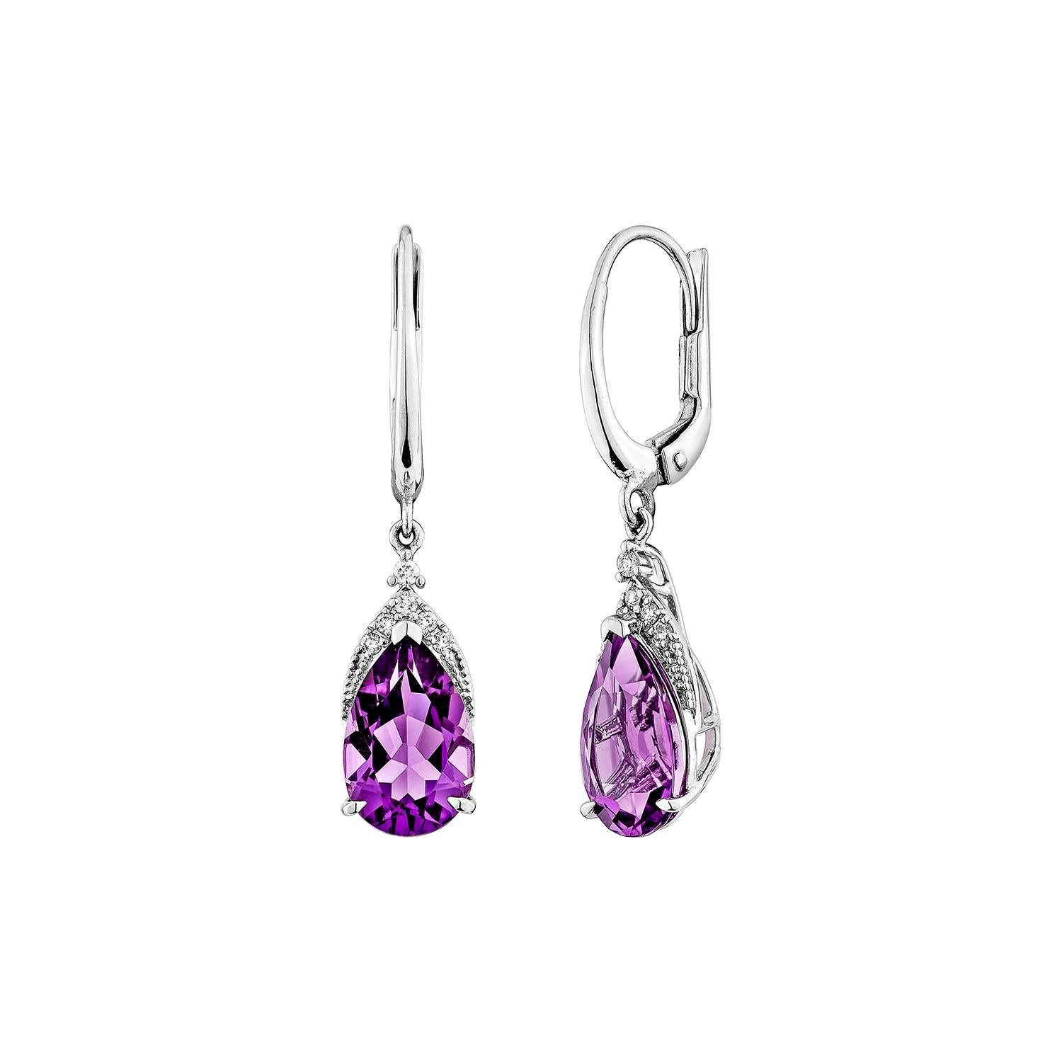 Taglio a goccia Sunita Nahata Ametista 3.73ct. Orecchino a goccia in 14KWG con diamante bianco. in vendita