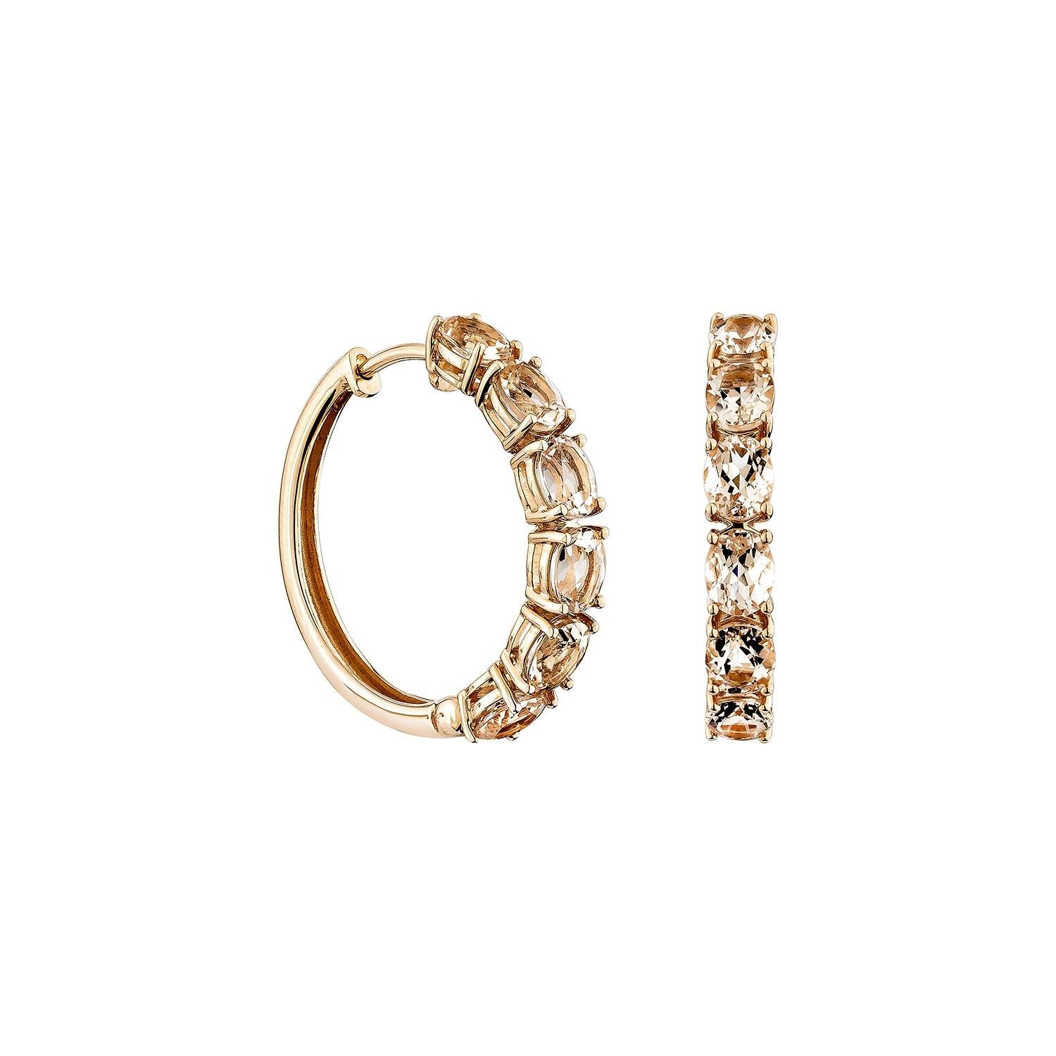 Elegant oval-shaped morganite hoop earrings set in 14K rose gold, exuding a soft, romantic charm with timeless sophistication.

Morganite Hoops Earrings in 14Karat Rose Gold.

Morganite: 3.90 carat, 5X4mm size, oval shape.

Gold: 5.54g, 14Karat rose