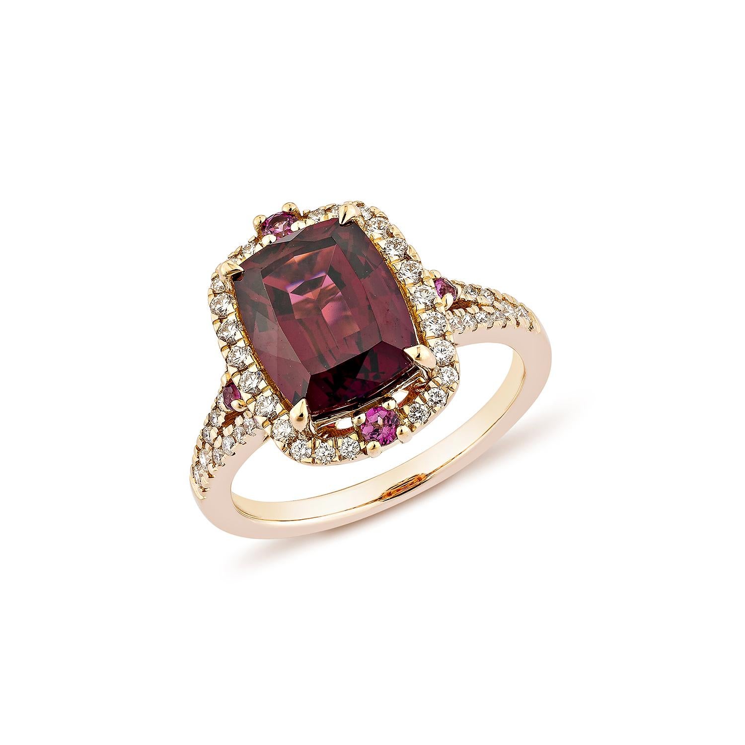 Contemporary Sunita Nahata Rhodolite 4.02ct. Fancy Ring in 18KRG with White Diamond. For Sale