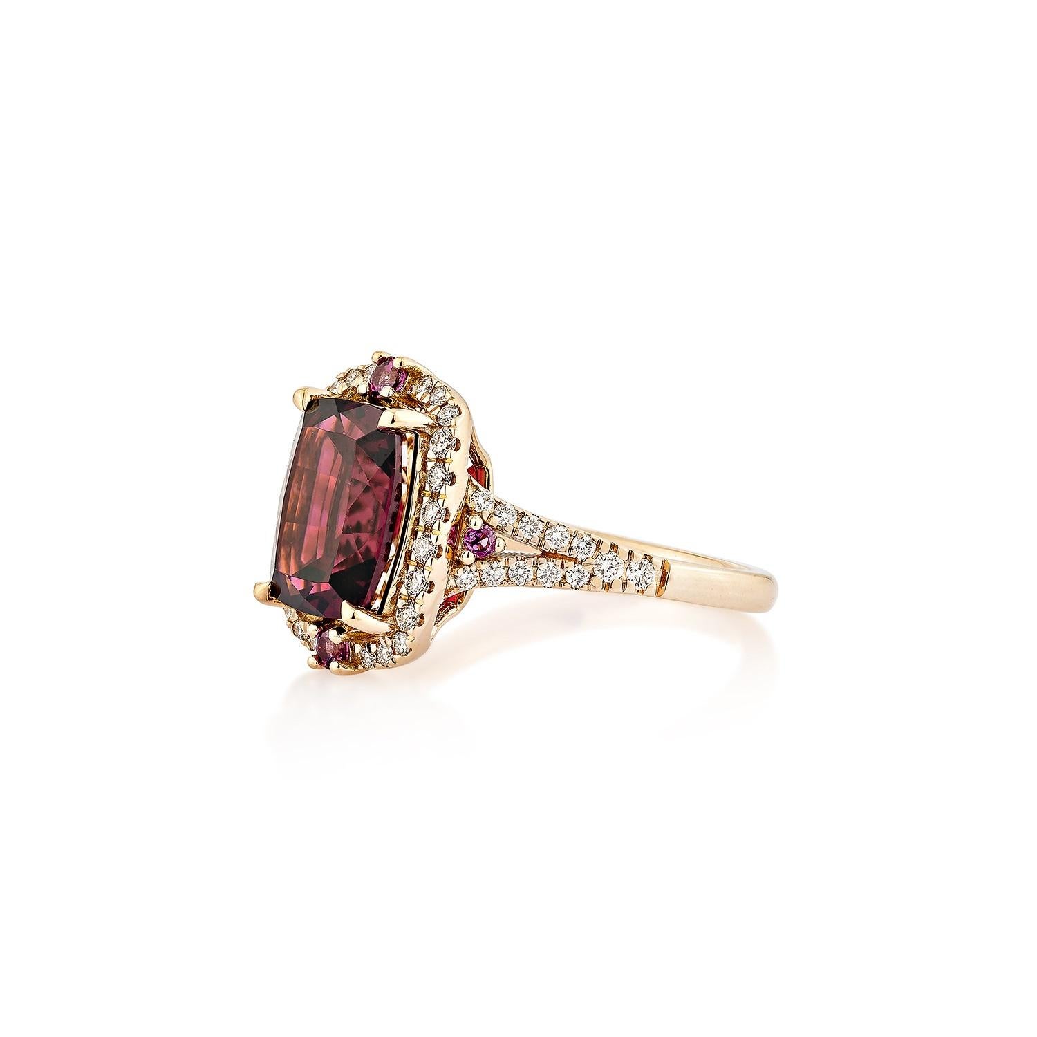 Cushion Cut Sunita Nahata Rhodolite 4.02ct. Fancy Ring in 18KRG with White Diamond. For Sale