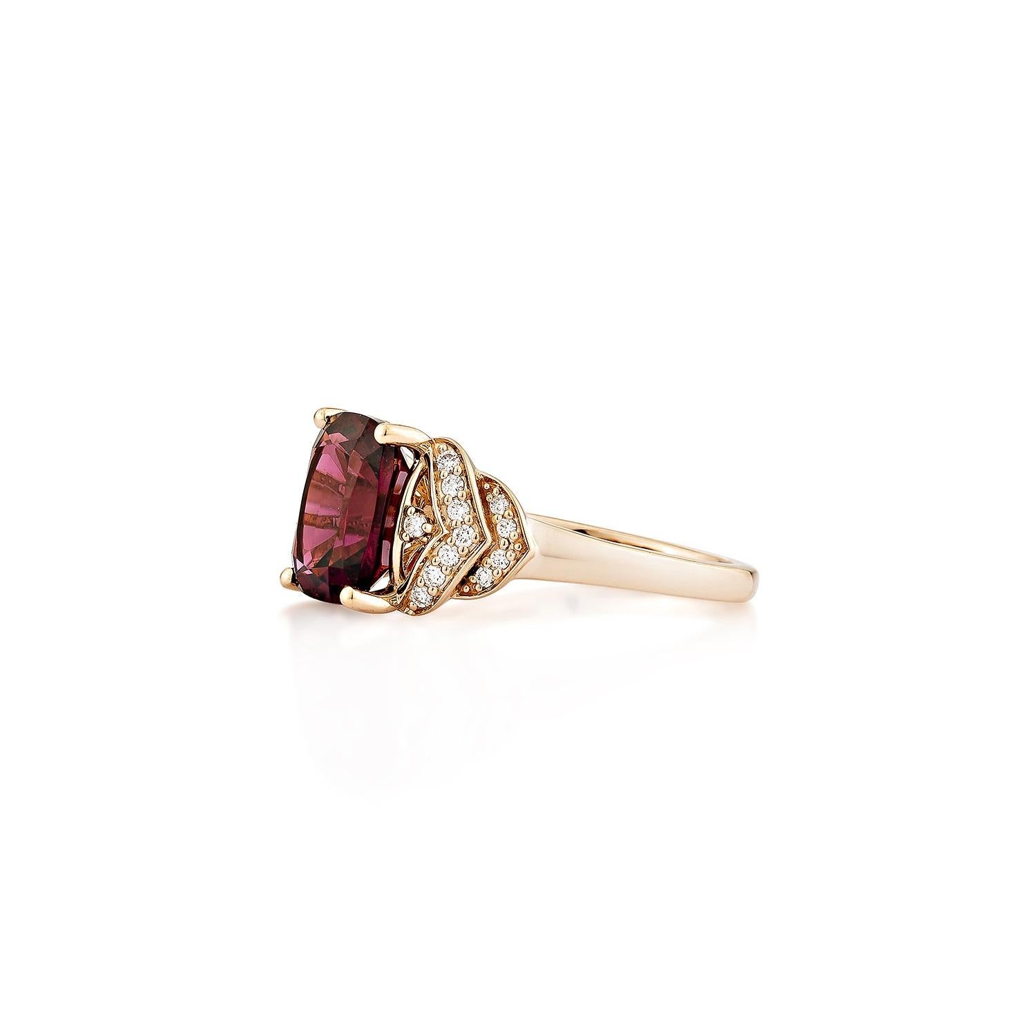 Cushion Cut Sunita Nahata Rhodolite 4.04ct. Fancy Ring in 14KRG with White Diamond. For Sale