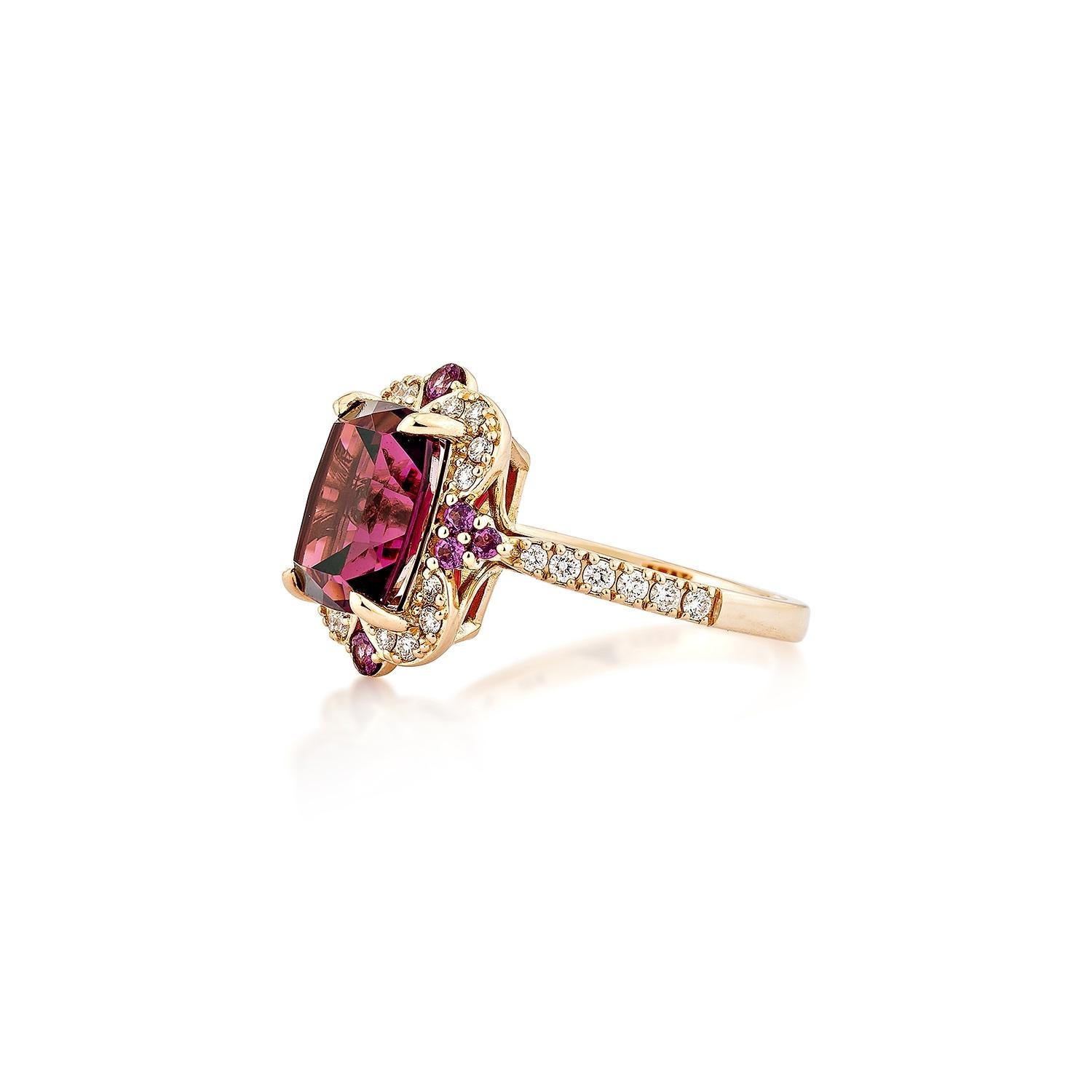 Cushion Cut Sunita Nahata Rhodolite 4.05ct. Fancy Ring in 18KRG with White Diamond. For Sale