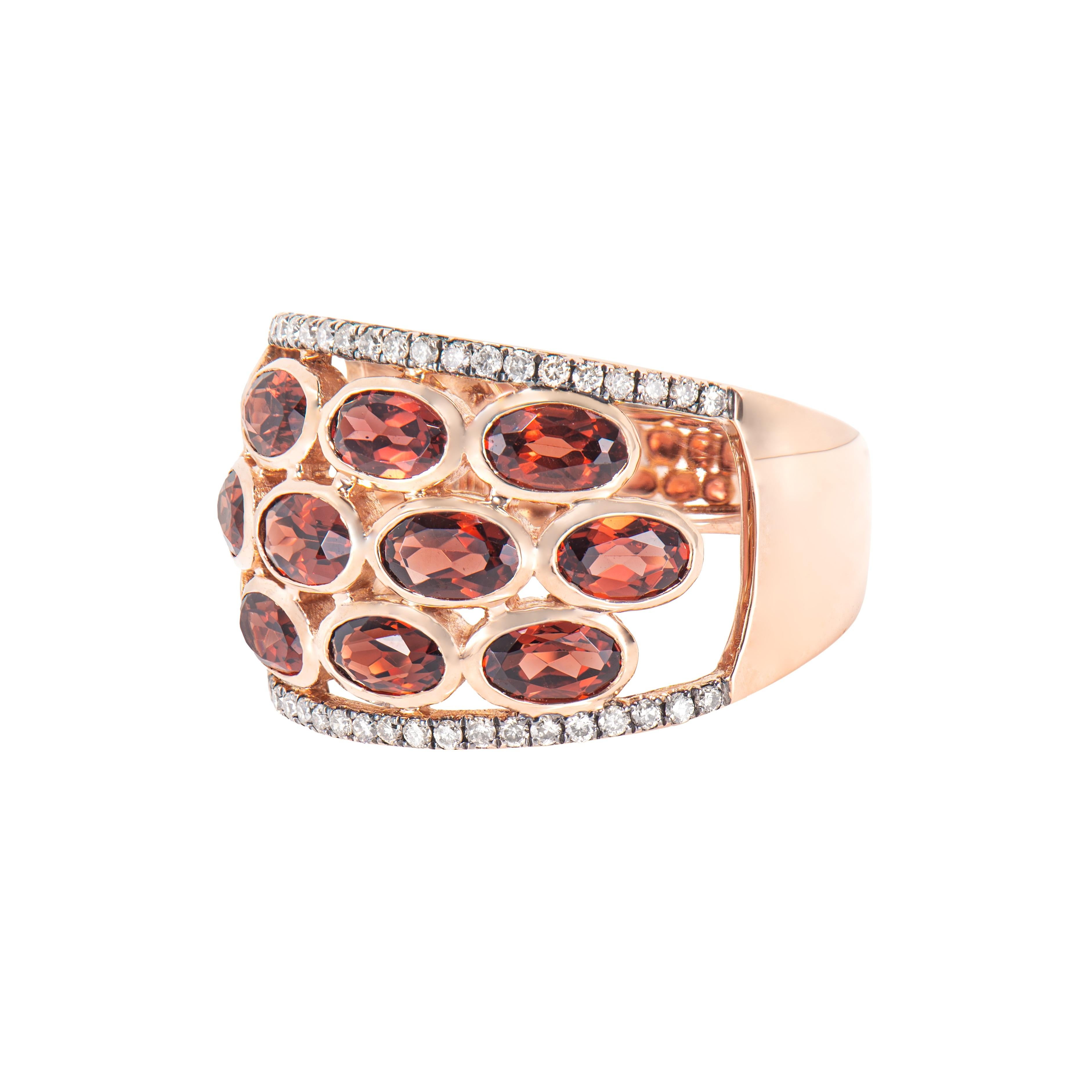 Oval Cut Sunita Nahata Red Garnet 4.16ct. Ring in 14KRG with Brown Diamond. For Sale